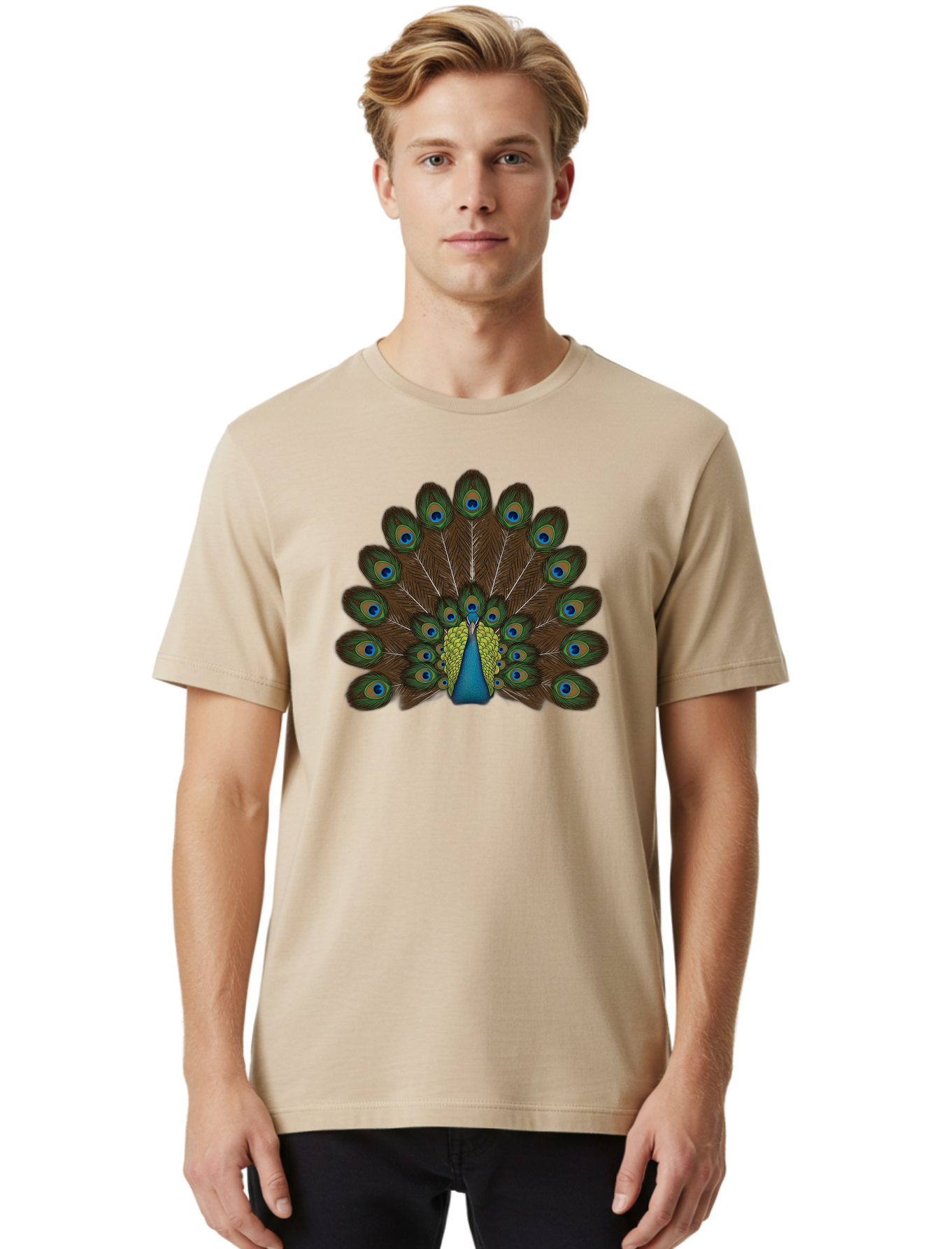 Peacock-Tail Men'S Graphic Tee, 100% Cotton, Comfortable Casual Summer Wear, Machine Washable, Peacock Feathers, Colorful Plumage, Vibrant Blues And Greens, Eye-Catching Display, Intricate Patterns, Majestic Bird, Ornate Decoration, Bab134 4