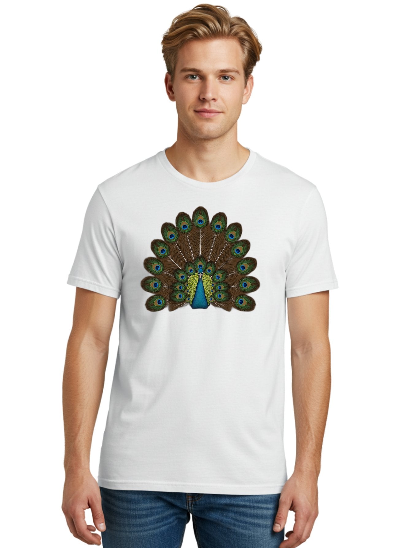 Peacock-Tail Men'S Graphic Tee, 100% Cotton, Comfortable Casual Summer Wear, Machine Washable, Peacock Feathers, Colorful Plumage, Vibrant Blues And Greens, Eye-Catching Display, Intricate Patterns, Majestic Bird, Ornate Decoration, Bab134 27