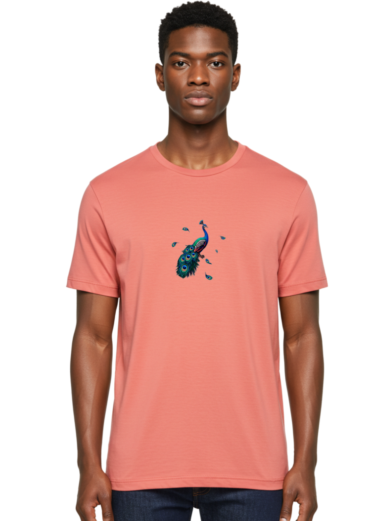 Peacock-With-Falling-Feathers Men'S Graphic Tee, 100% Cotton, Comfortable Casual Summer Wear, Machine Washable, Peacock, Blue Feathers, Vibrant Plumage, Colorful Bird, Majestic Creature, Eye-Catching Display, Blue And Black Feathers, Bab135