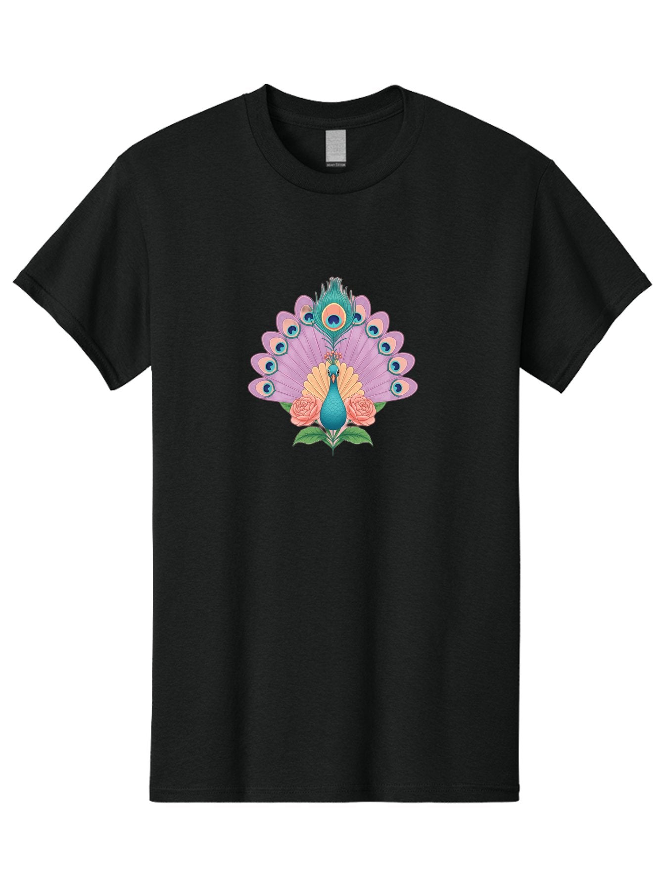 Peacock-With-Roses Men'S Graphic Tee, 100% Cotton, Comfortable Casual Summer Wear, Machine Washable, Peacock With Colorful Feathers, Vibrant Plumage, Blue And Pink Hues, Floral Accents, Pink Roses, Exotic Bird, Artistic Design, Bab136 13