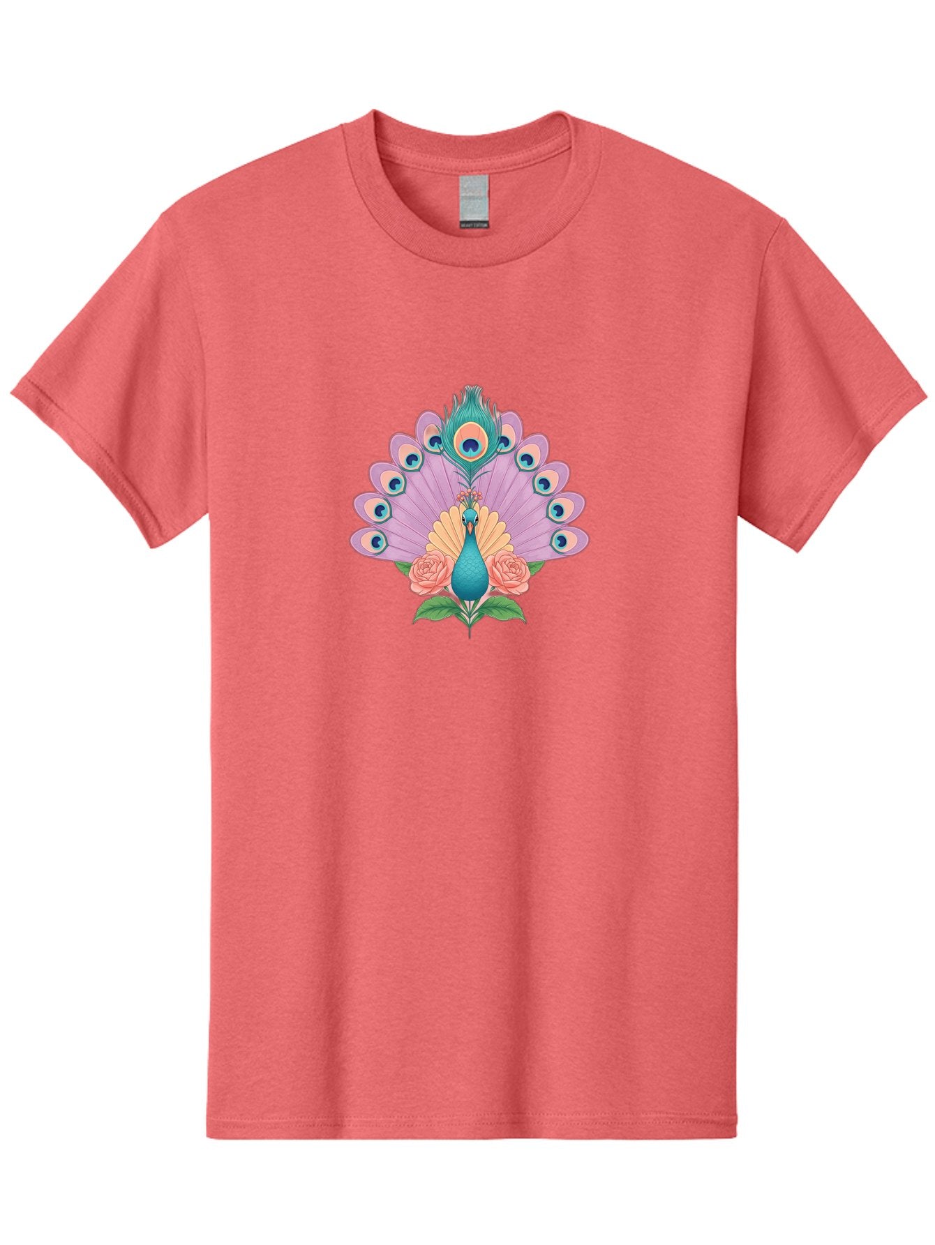 Peacock-With-Roses Men'S Graphic Tee, 100% Cotton, Comfortable Casual Summer Wear, Machine Washable, Peacock With Colorful Feathers, Vibrant Plumage, Blue And Pink Hues, Floral Accents, Pink Roses, Exotic Bird, Artistic Design, Bab136 14