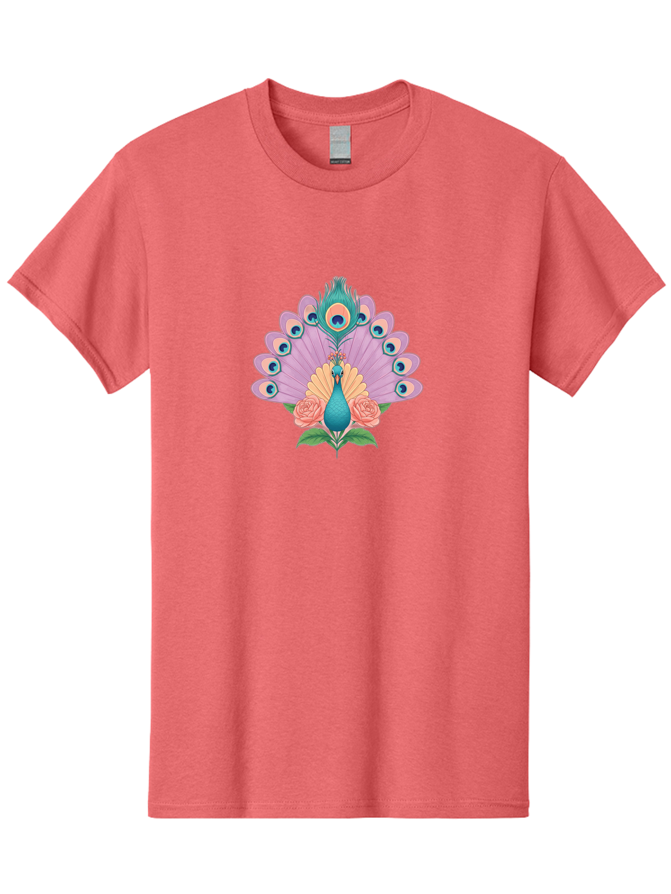 Peacock-With-Roses Men'S Graphic Tee, 100% Cotton, Comfortable Casual Summer Wear, Machine Washable, Peacock With Colorful Feathers, Vibrant Plumage, Blue And Pink Hues, Floral Accents, Pink Roses, Exotic Bird, Artistic Design, Bab136