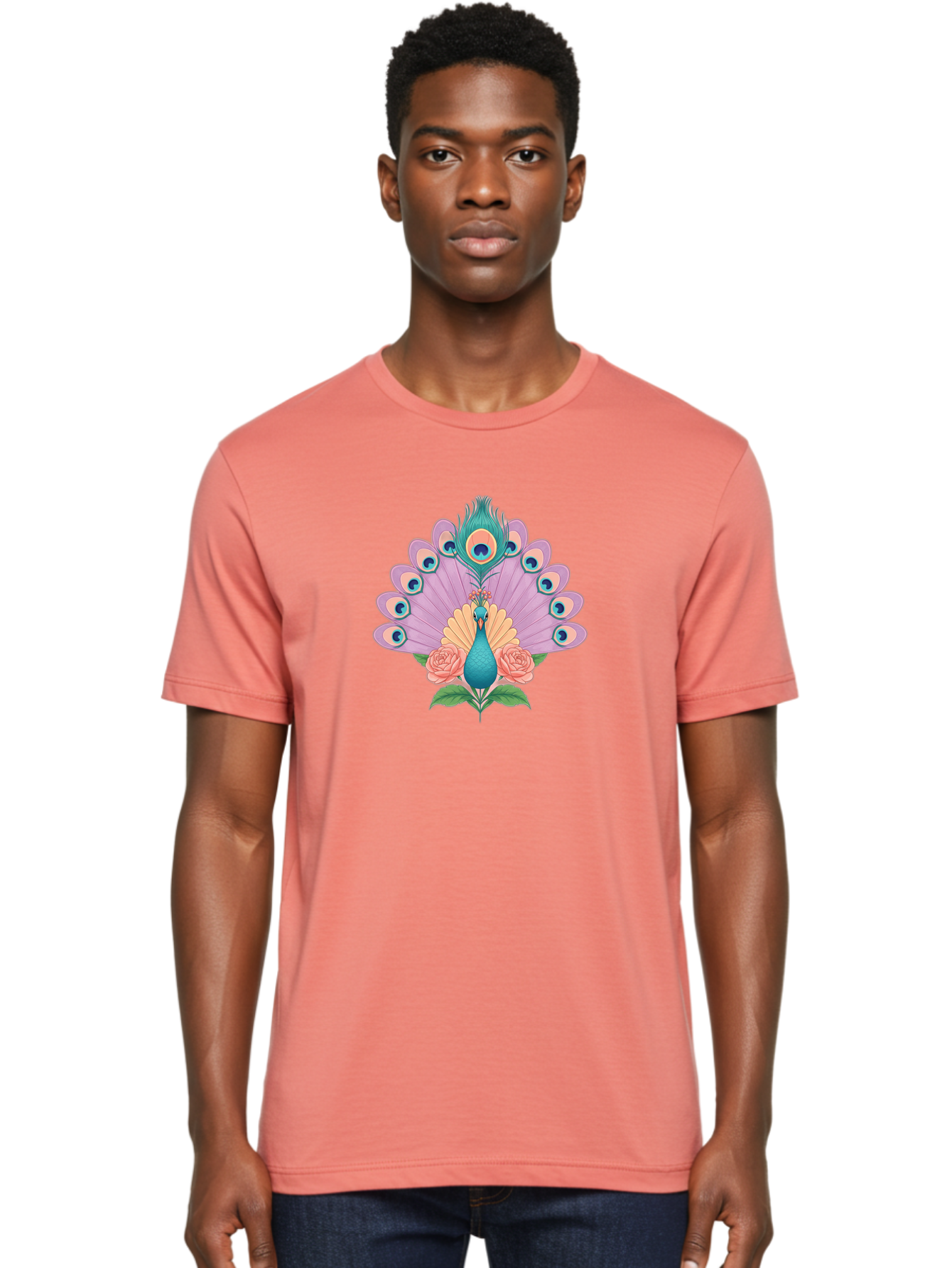 Peacock-With-Roses Men'S Graphic Tee, 100% Cotton, Comfortable Casual Summer Wear, Machine Washable, Peacock With Colorful Feathers, Vibrant Plumage, Blue And Pink Hues, Floral Accents, Pink Roses, Exotic Bird, Artistic Design, Bab136