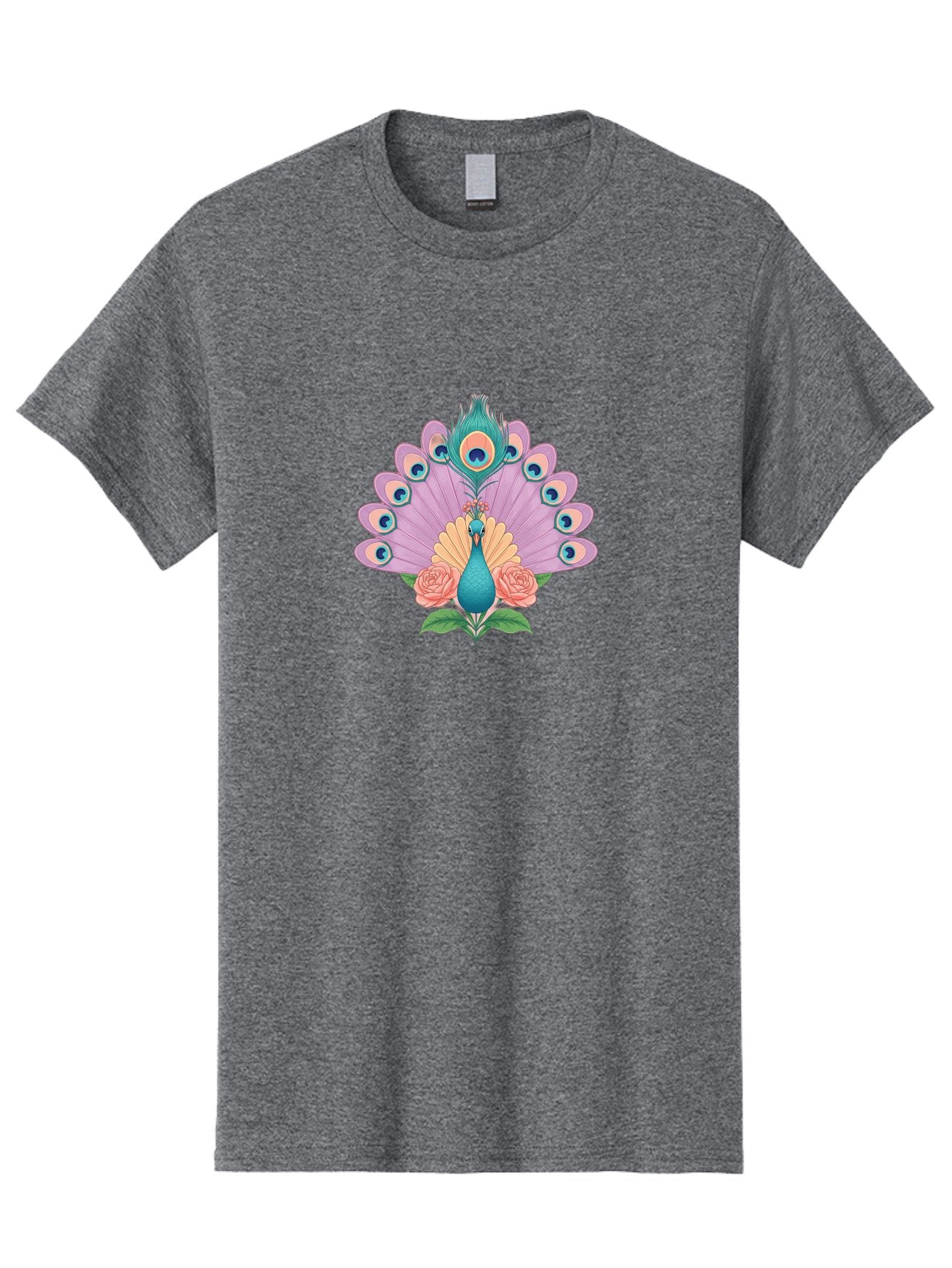Peacock-With-Roses Men'S Graphic Tee, 100% Cotton, Comfortable Casual Summer Wear, Machine Washable, Peacock With Colorful Feathers, Vibrant Plumage, Blue And Pink Hues, Floral Accents, Pink Roses, Exotic Bird, Artistic Design, Bab136 5