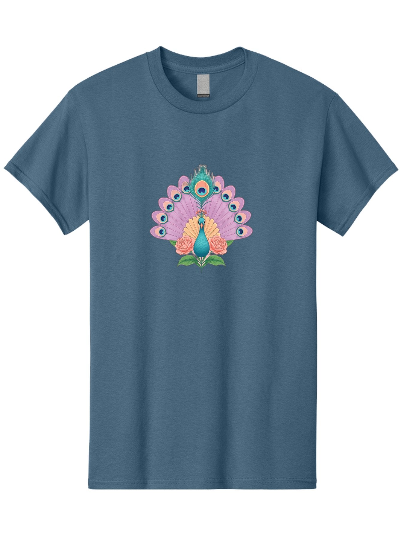 Peacock-With-Roses Men'S Graphic Tee, 100% Cotton, Comfortable Casual Summer Wear, Machine Washable, Peacock With Colorful Feathers, Vibrant Plumage, Blue And Pink Hues, Floral Accents, Pink Roses, Exotic Bird, Artistic Design, Bab136 8