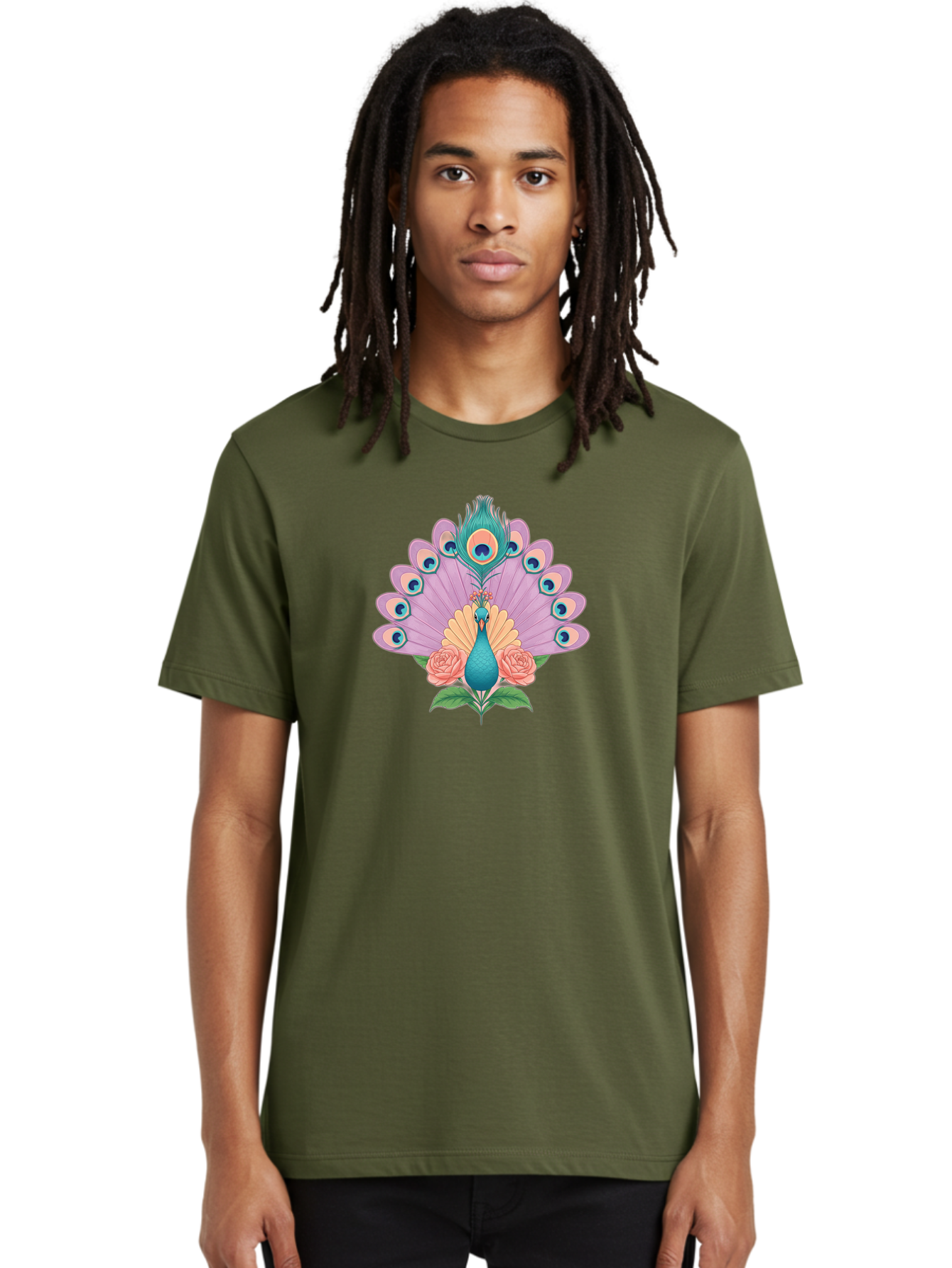 Peacock-With-Roses Men'S Graphic Tee, 100% Cotton, Comfortable Casual Summer Wear, Machine Washable, Peacock With Colorful Feathers, Vibrant Plumage, Blue And Pink Hues, Floral Accents, Pink Roses, Exotic Bird, Artistic Design, Bab136 18
