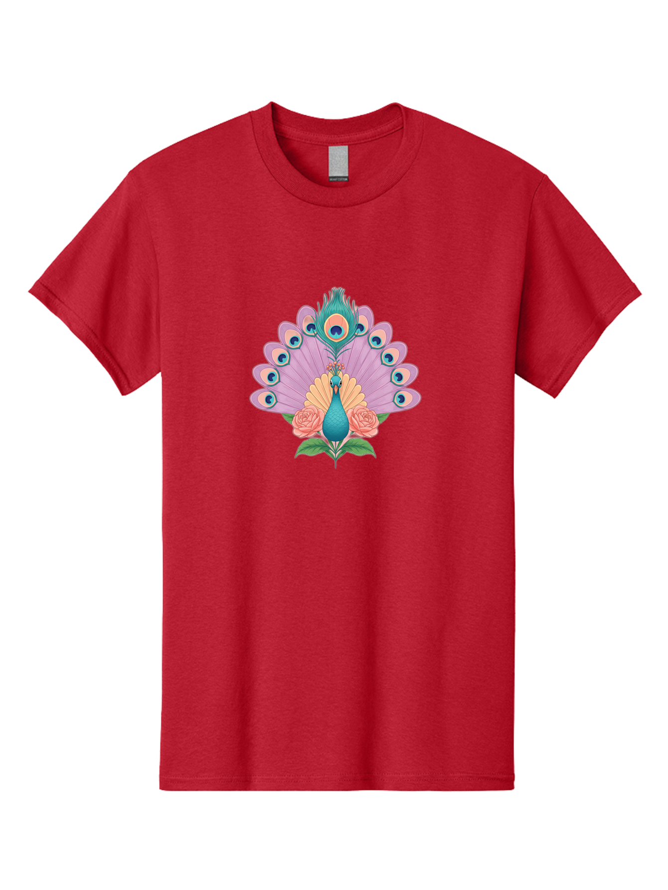 Peacock-With-Roses Men'S Graphic Tee, 100% Cotton, Comfortable Casual Summer Wear, Machine Washable, Peacock With Colorful Feathers, Vibrant Plumage, Blue And Pink Hues, Floral Accents, Pink Roses, Exotic Bird, Artistic Design, Bab136 25