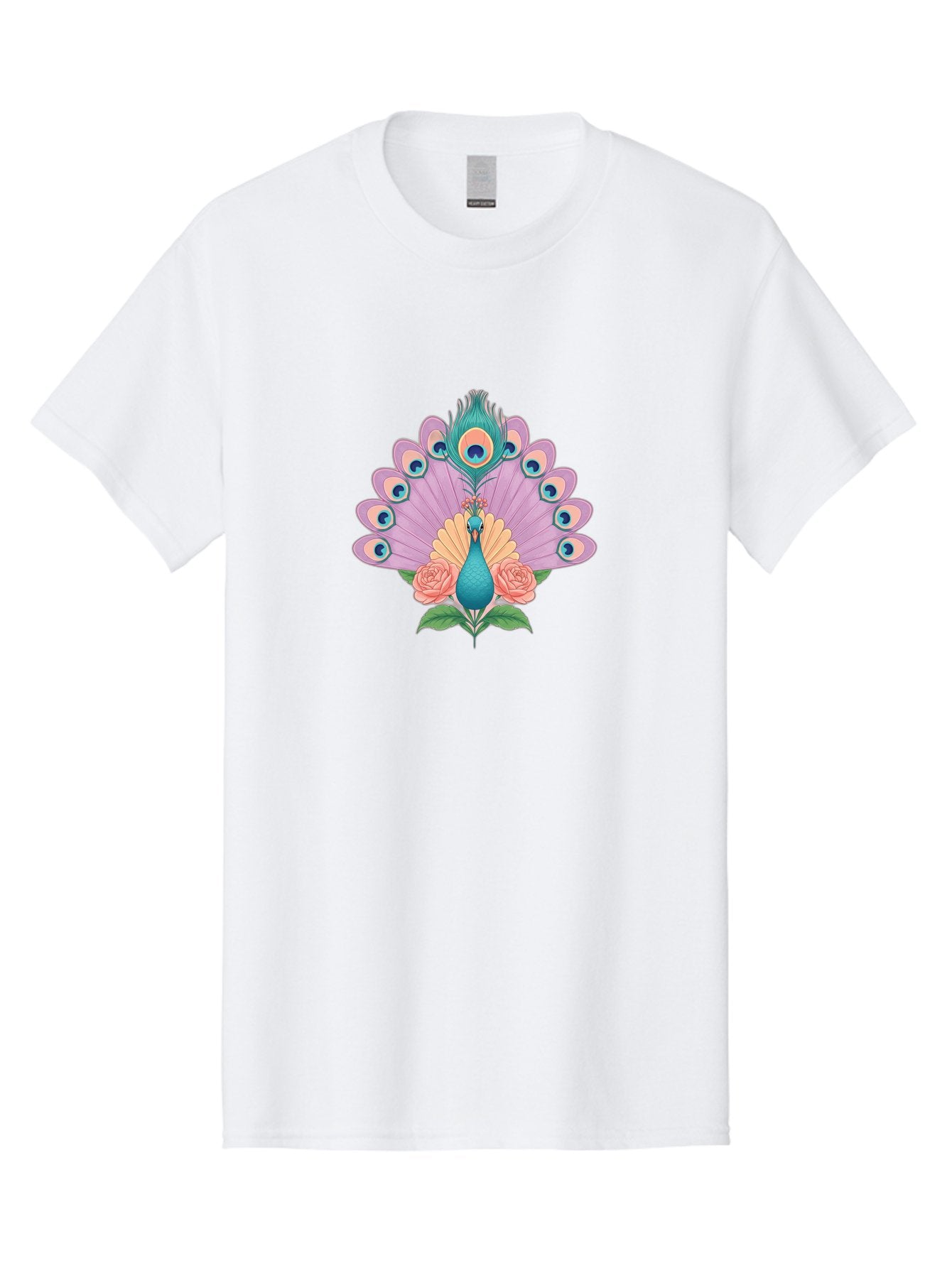 Peacock-With-Roses Men'S Graphic Tee, 100% Cotton, Comfortable Casual Summer Wear, Machine Washable, Peacock With Colorful Feathers, Vibrant Plumage, Blue And Pink Hues, Floral Accents, Pink Roses, Exotic Bird, Artistic Design, Bab136 7