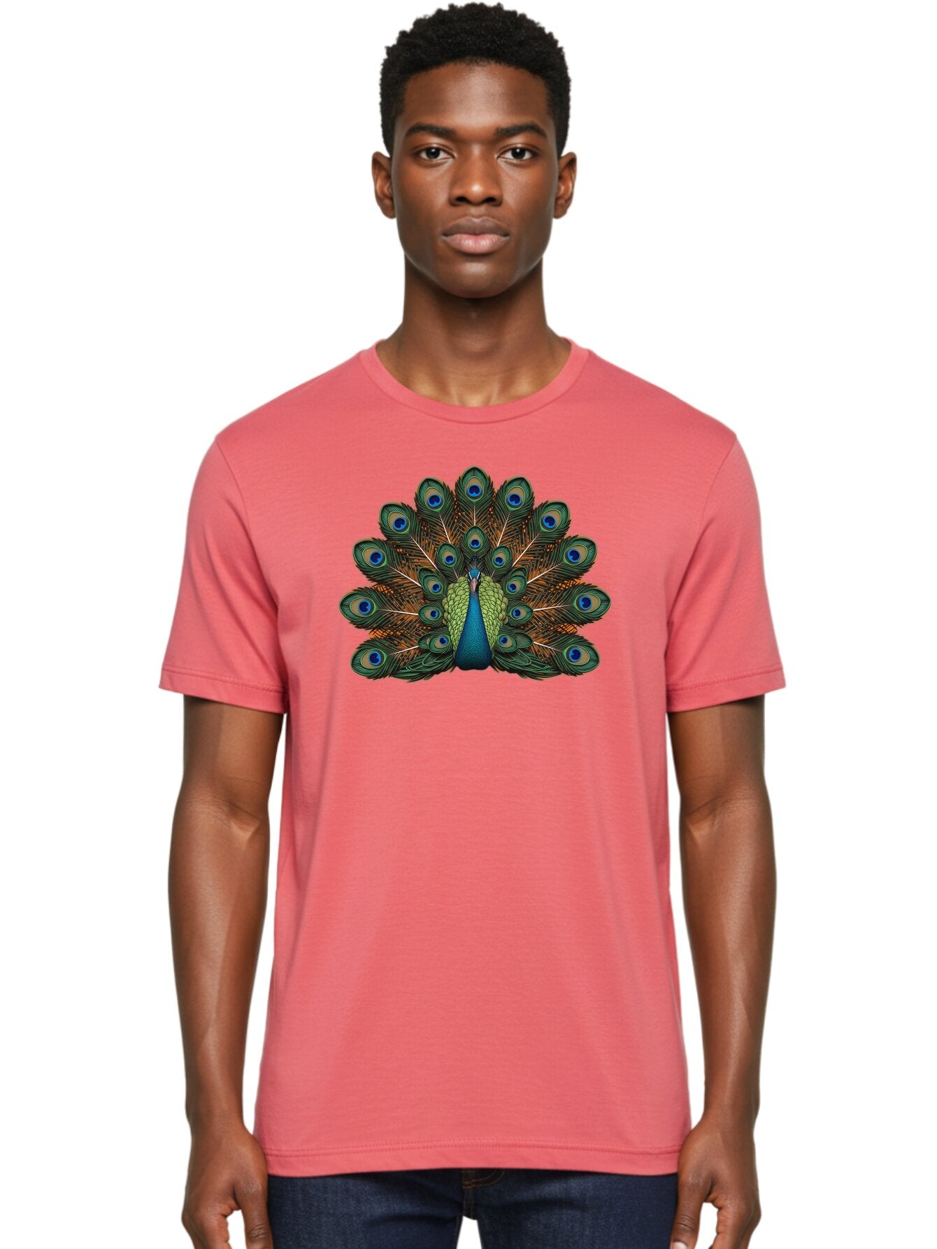 Peacock-With-Tail-Feathers-Spread Men'S Graphic Tee, 100% Cotton, Comfortable Casual Summer Wear, Machine Washable, Peacock, Vibrant Feathers, Blue Eyespots, Green And Gold Plumage, Majestic Bird, Exotic Beauty, Colorful Display, Ornate Tail Bab137 29