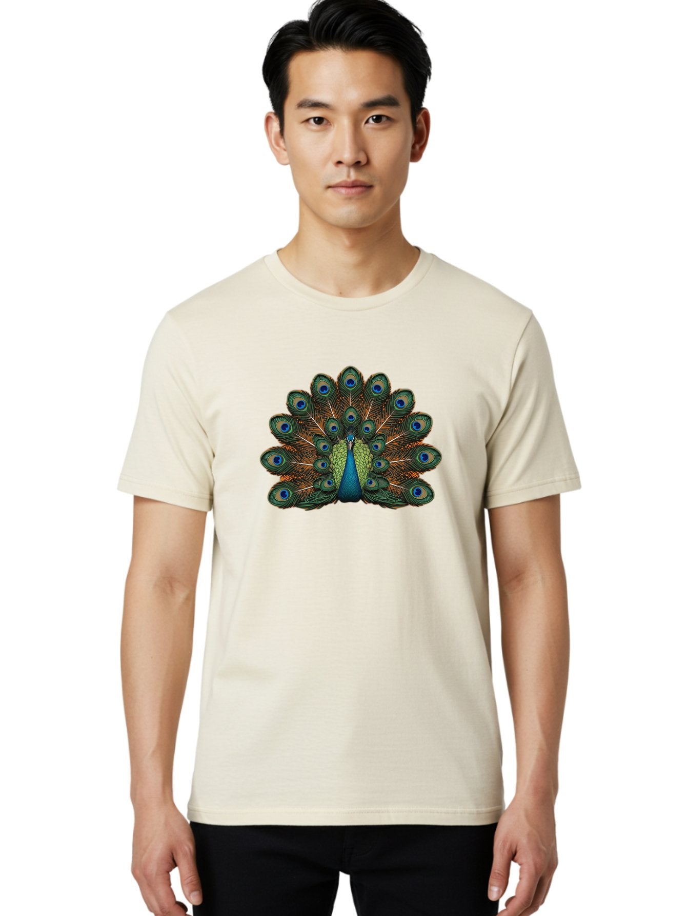 Peacock-With-Tail-Feathers-Spread Men'S Graphic Tee, 100% Cotton, Comfortable Casual Summer Wear, Machine Washable, Peacock, Vibrant Feathers, Blue Eyespots, Green And Gold Plumage, Majestic Bird, Exotic Beauty, Colorful Display, Ornate Tail Bab137 20