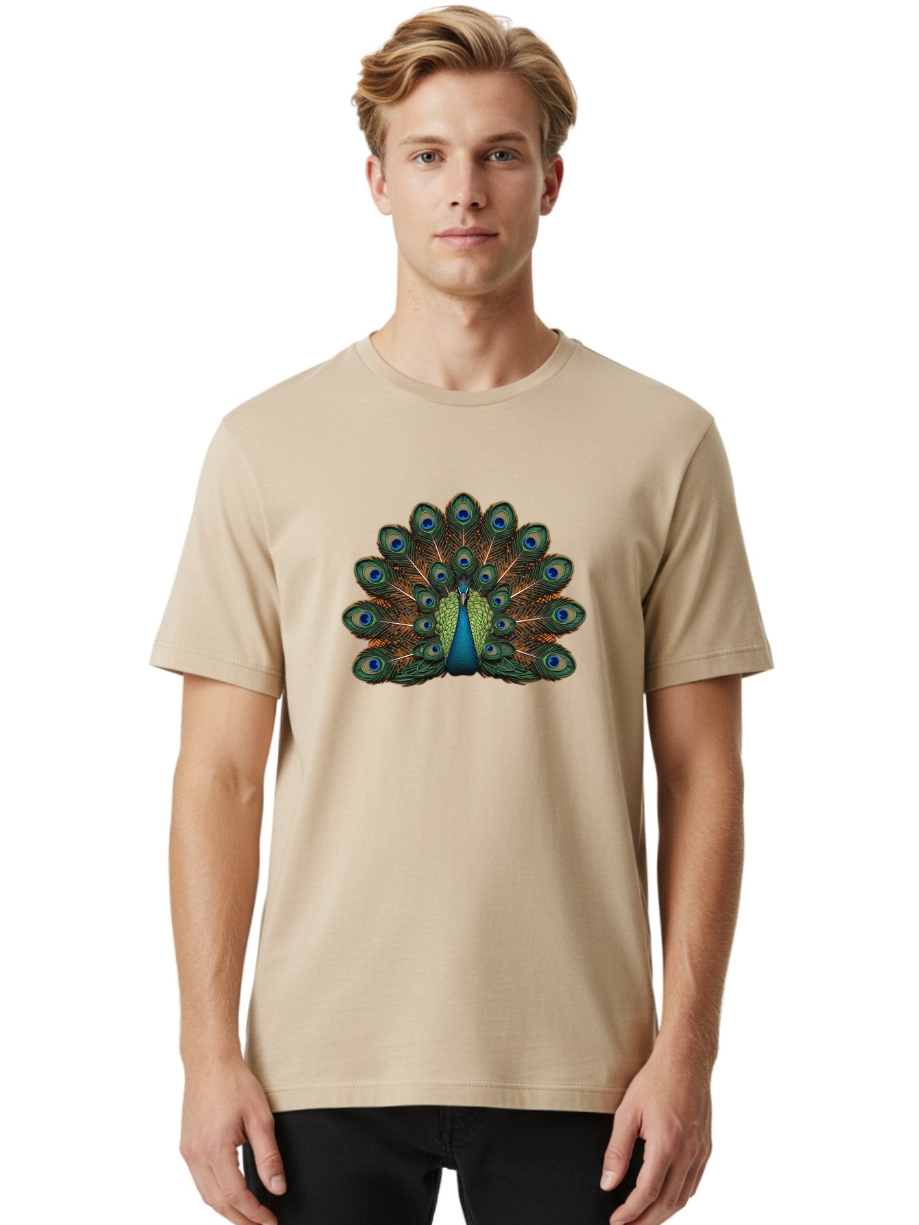 Peacock-With-Tail-Feathers-Spread Men'S Graphic Tee, 100% Cotton, Comfortable Casual Summer Wear, Machine Washable, Peacock, Vibrant Feathers, Blue Eyespots, Green And Gold Plumage, Majestic Bird, Exotic Beauty, Colorful Display, Ornate Tail Bab137 30