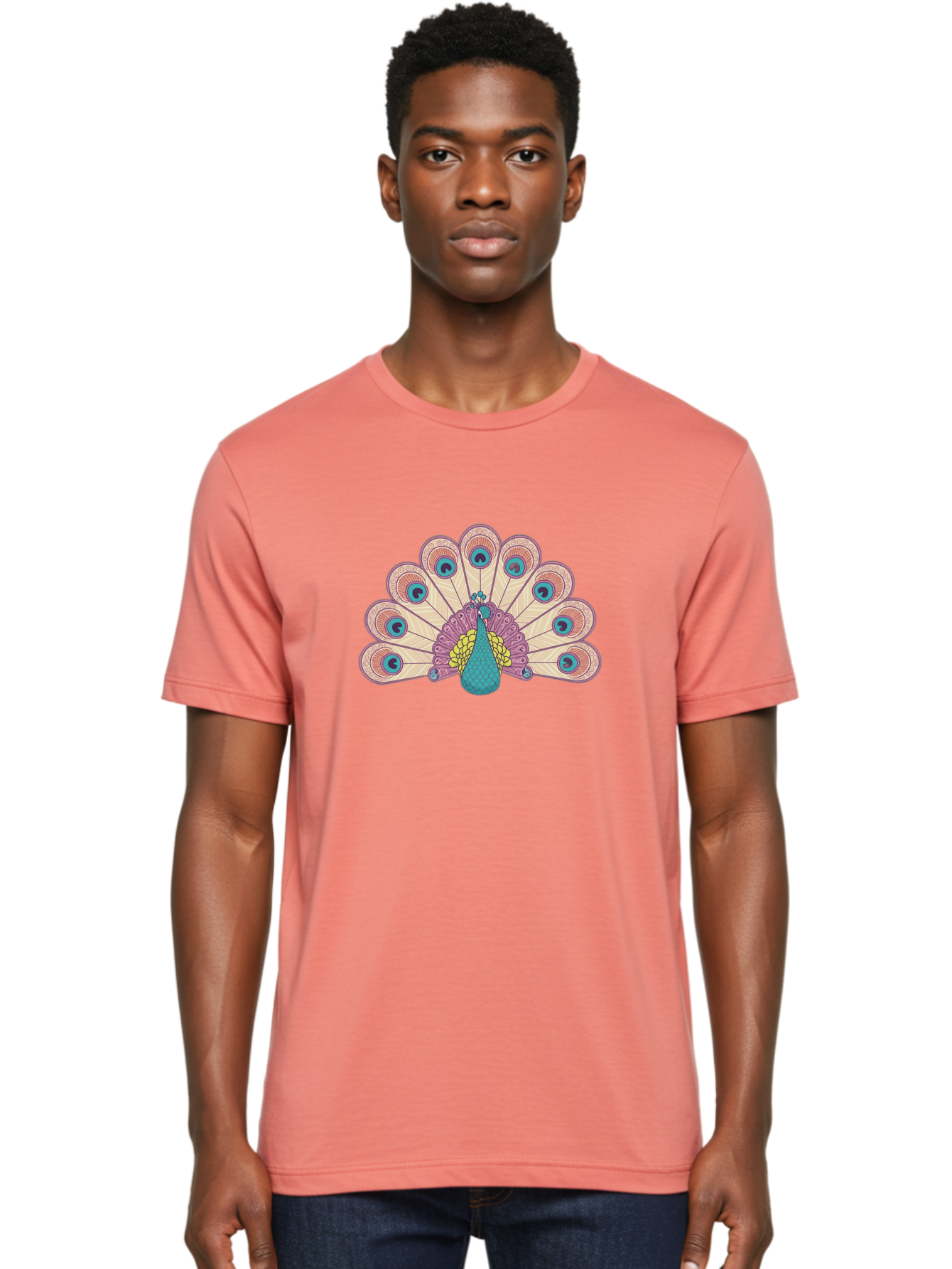 Peacock Men'S Graphic Tee, 100% Cotton, Comfortable Casual Summer Wear, Machine Washable, Peacock Bird, Vibrant Plumage, Colorful Feathers, Intricate Patterns, Majestic Display, Pink, Blue, Yellow Hues, Elegant Bird, Ornate Tail Bab138