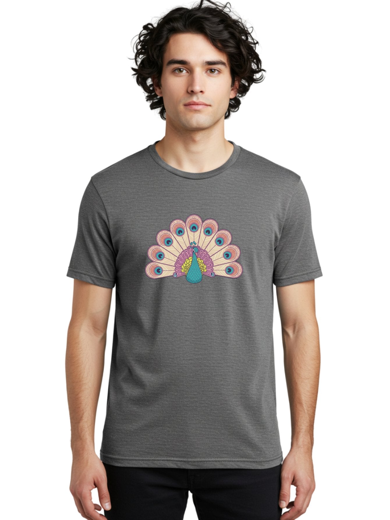 Peacock Men'S Graphic Tee, 100% Cotton, Comfortable Casual Summer Wear, Machine Washable, Peacock Bird, Vibrant Plumage, Colorful Feathers, Intricate Patterns, Majestic Display, Pink, Blue, Yellow Hues, Elegant Bird, Ornate Tail Bab138 22