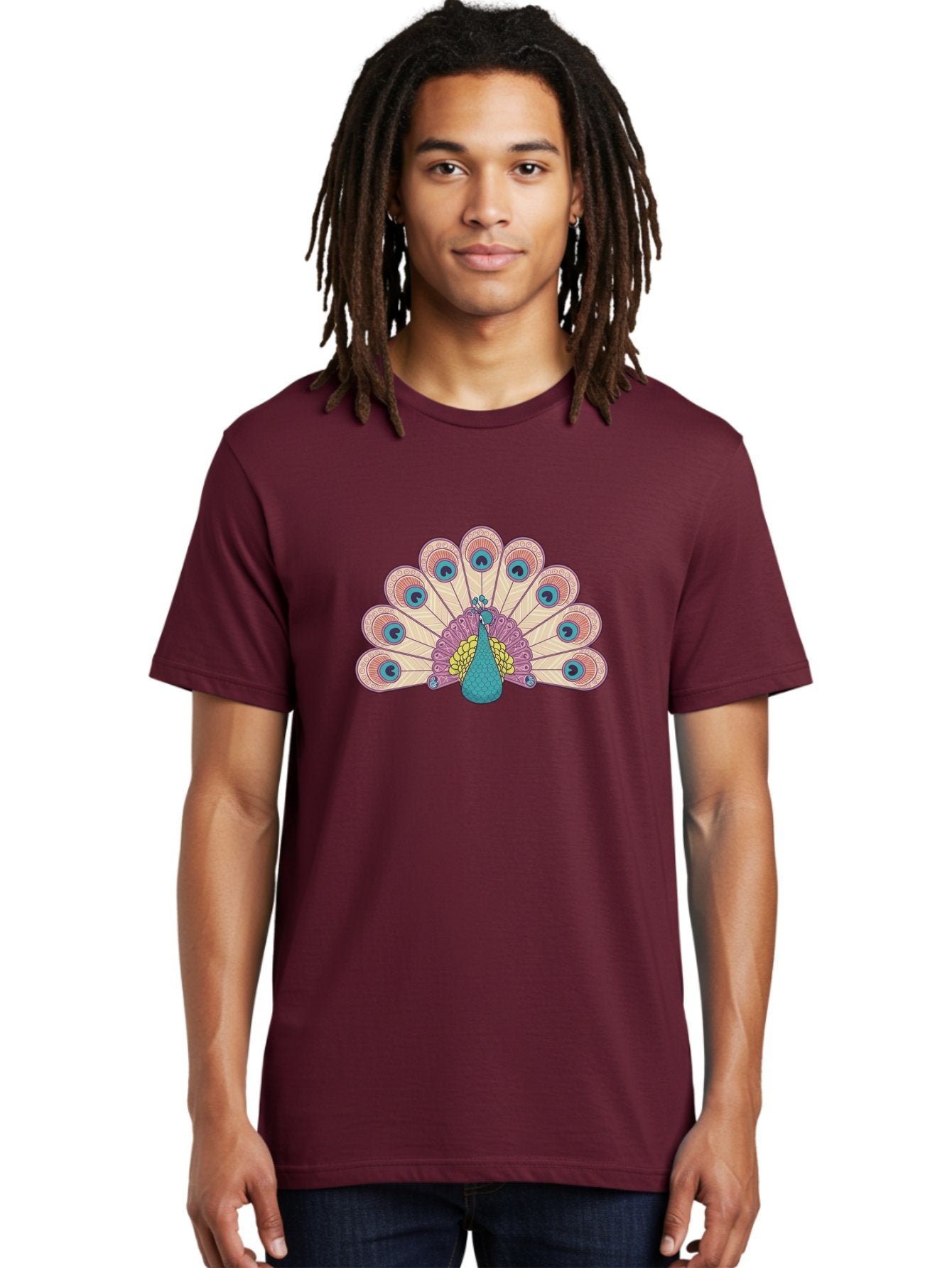 Peacock Men'S Graphic Tee, 100% Cotton, Comfortable Casual Summer Wear, Machine Washable, Peacock Bird, Vibrant Plumage, Colorful Feathers, Intricate Patterns, Majestic Display, Pink, Blue, Yellow Hues, Elegant Bird, Ornate Tail Bab138 30