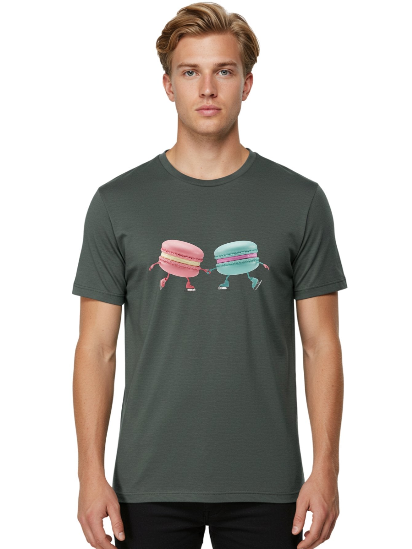 Pink-And-Blue-Macarons Men'S Graphic Tee, 100% Cotton, Comfortable Casual Summer Wear, Machine Washable, Cartoon Macarons, Pastel Colors, Dancing Macarons, Colorful Desserts, Sweet Treats, Whimsical Illustration, French Patisserie, Bab142 21