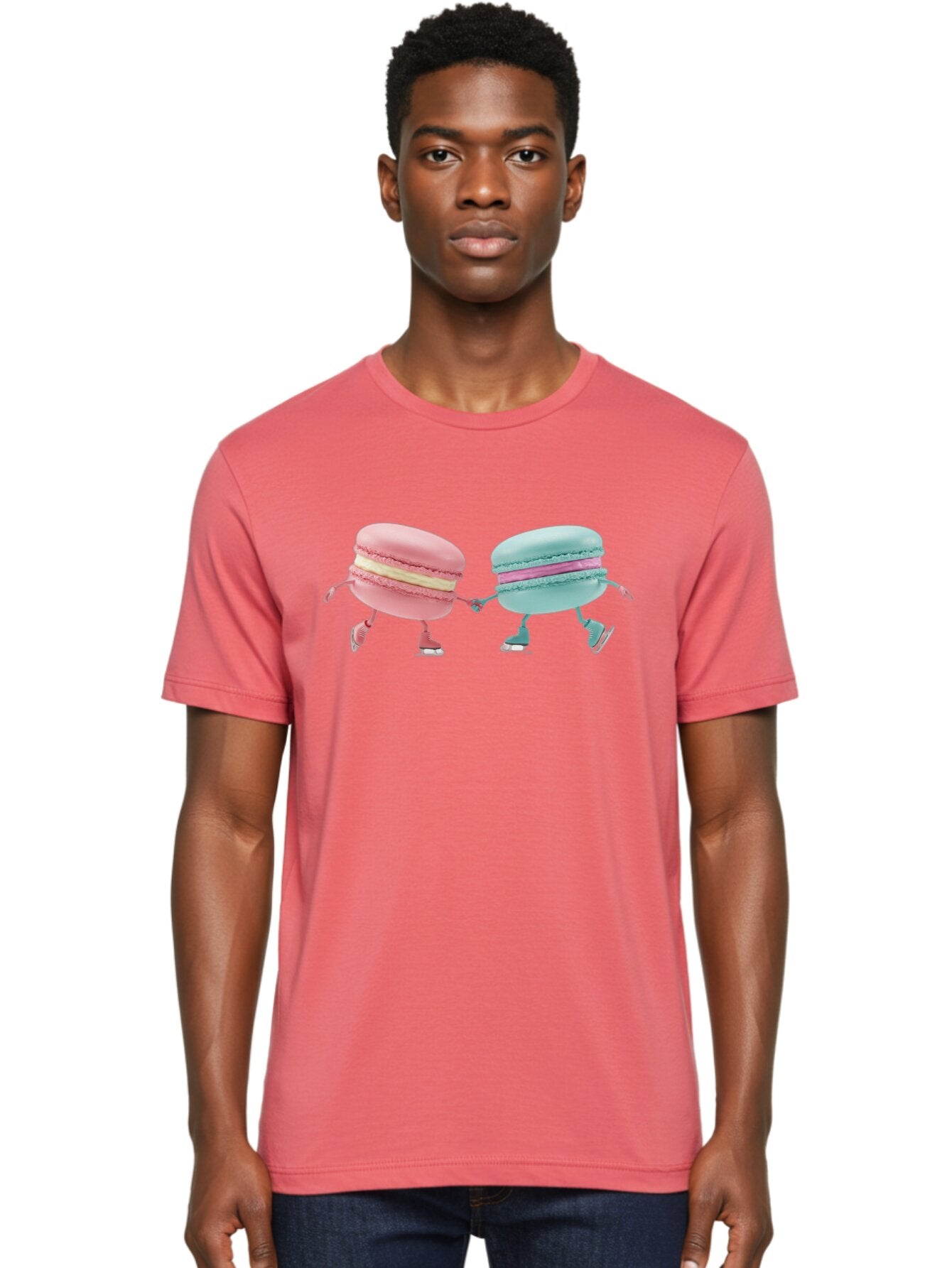 Pink-And-Blue-Macarons Men'S Graphic Tee, 100% Cotton, Comfortable Casual Summer Wear, Machine Washable, Cartoon Macarons, Pastel Colors, Dancing Macarons, Colorful Desserts, Sweet Treats, Whimsical Illustration, French Patisserie, Bab142 22