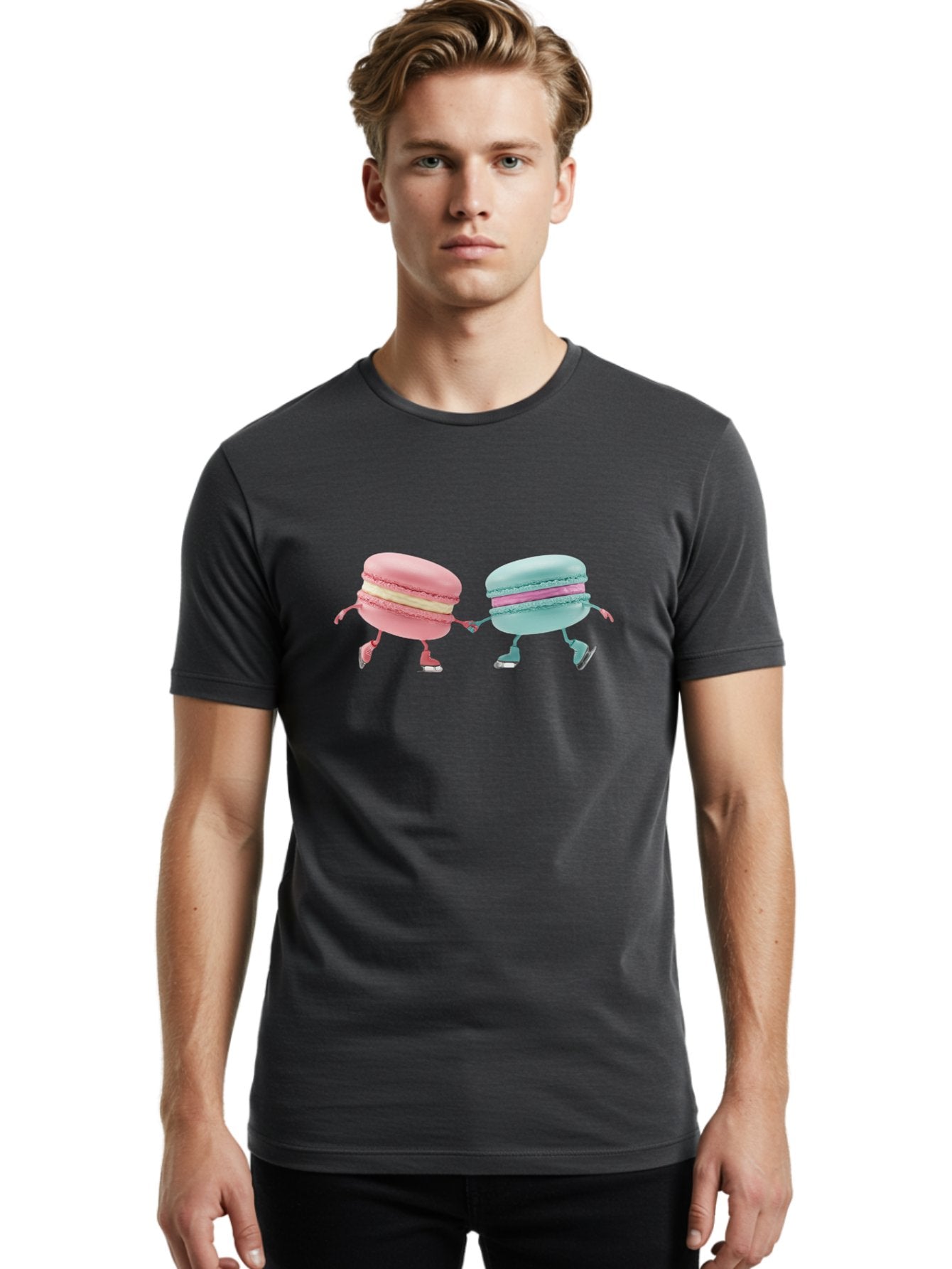 Pink-And-Blue-Macarons Men'S Graphic Tee, 100% Cotton, Comfortable Casual Summer Wear, Machine Washable, Cartoon Macarons, Pastel Colors, Dancing Macarons, Colorful Desserts, Sweet Treats, Whimsical Illustration, French Patisserie, Bab142 16