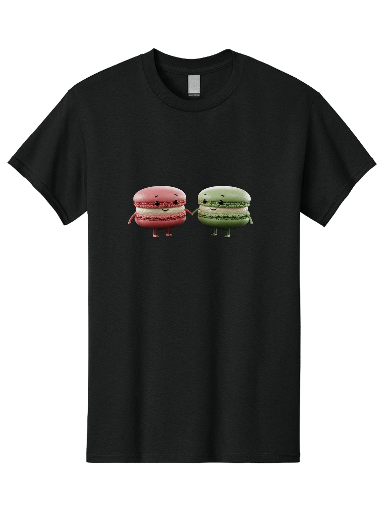Pink-And-Green-Macarons Men'S Graphic Tee, 100% Cotton, Comfortable Casual Summer Wear, Machine Washable, Cute Macarons, Anthropomorphic Desserts, Smiling Faces, Holding Hands, Pink And Green Macarons, Adorable Characters, Funny Illustrations, Bab143 4