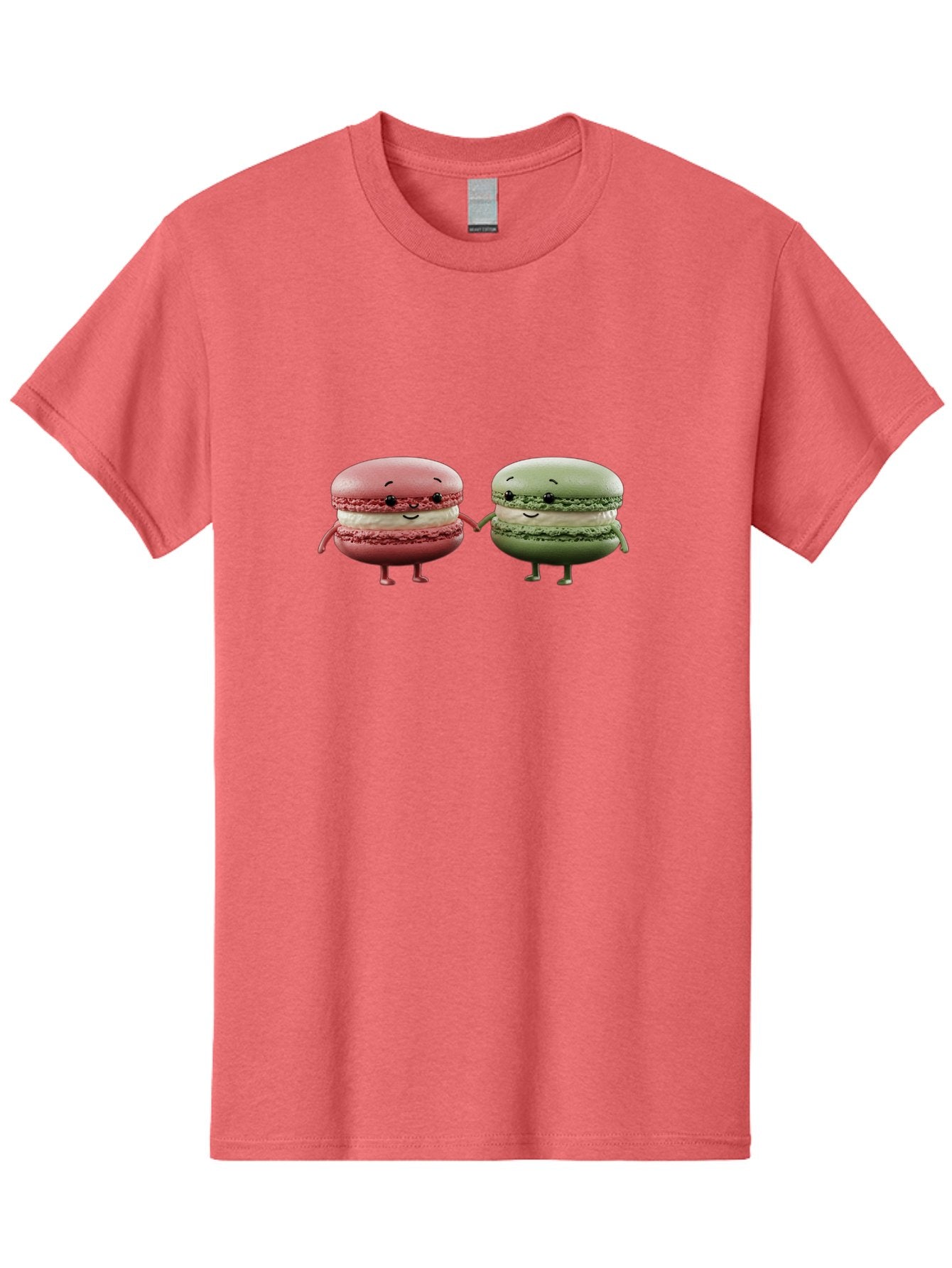 Pink-And-Green-Macarons Men'S Graphic Tee, 100% Cotton, Comfortable Casual Summer Wear, Machine Washable, Cute Macarons, Anthropomorphic Desserts, Smiling Faces, Holding Hands, Pink And Green Macarons, Adorable Characters, Funny Illustrations, Bab143 15