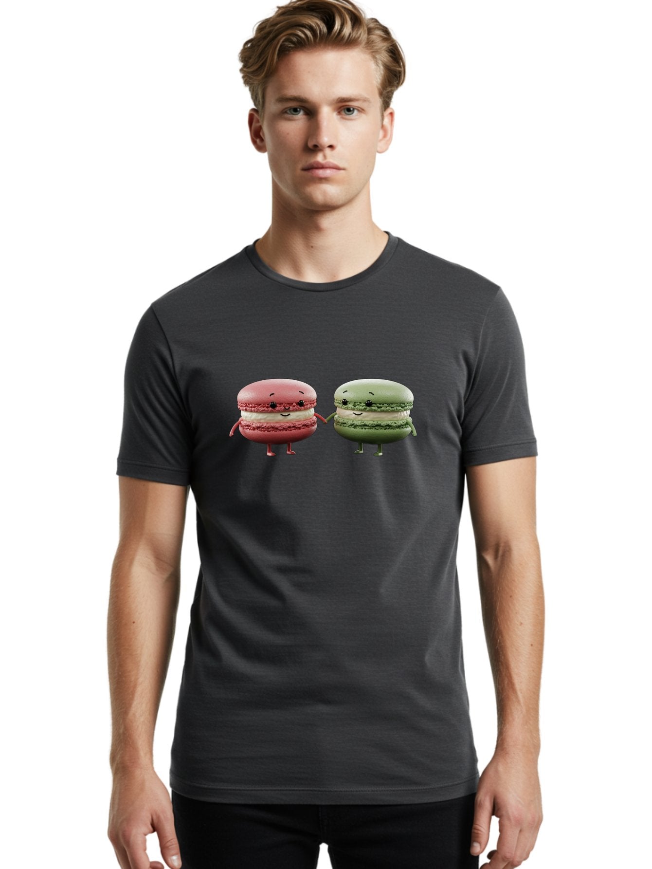 Pink-And-Green-Macarons Men'S Graphic Tee, 100% Cotton, Comfortable Casual Summer Wear, Machine Washable, Cute Macarons, Anthropomorphic Desserts, Smiling Faces, Holding Hands, Pink And Green Macarons, Adorable Characters, Funny Illustrations, Bab143 23