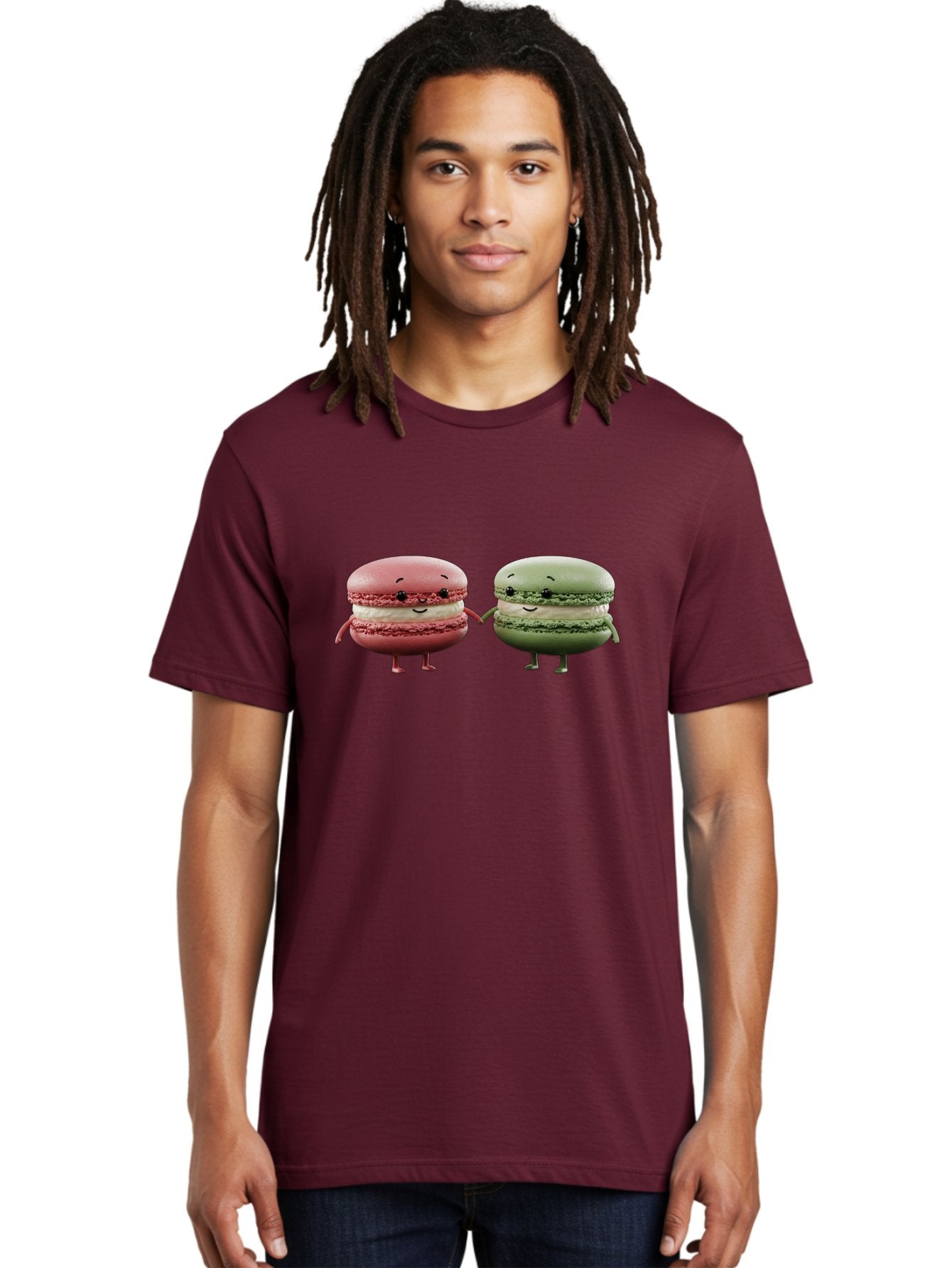Pink-And-Green-Macarons Men'S Graphic Tee, 100% Cotton, Comfortable Casual Summer Wear, Machine Washable, Cute Macarons, Anthropomorphic Desserts, Smiling Faces, Holding Hands, Pink And Green Macarons, Adorable Characters, Funny Illustrations, Bab143 19