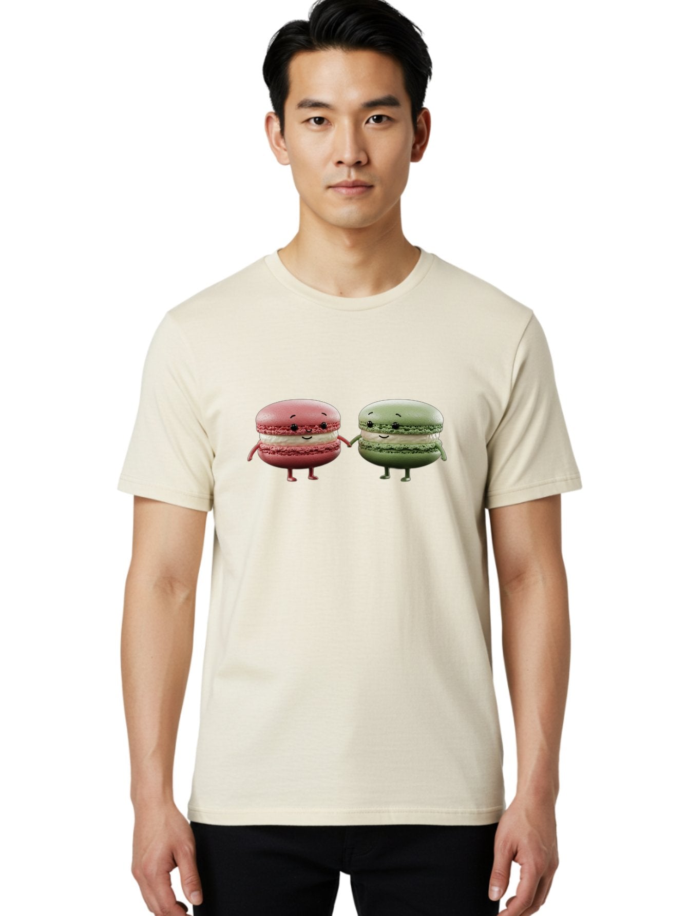 Pink-And-Green-Macarons Men'S Graphic Tee, 100% Cotton, Comfortable Casual Summer Wear, Machine Washable, Cute Macarons, Anthropomorphic Desserts, Smiling Faces, Holding Hands, Pink And Green Macarons, Adorable Characters, Funny Illustrations, Bab143 29