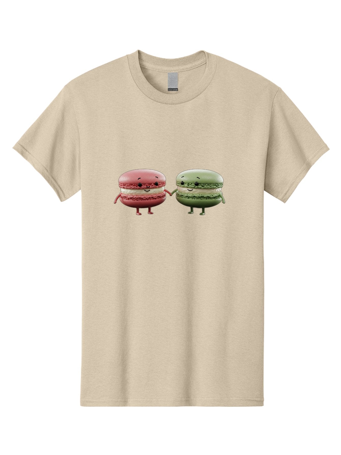 Pink-And-Green-Macarons Men'S Graphic Tee, 100% Cotton, Comfortable Casual Summer Wear, Machine Washable, Cute Macarons, Anthropomorphic Desserts, Smiling Faces, Holding Hands, Pink And Green Macarons, Adorable Characters, Funny Illustrations, Bab143 6