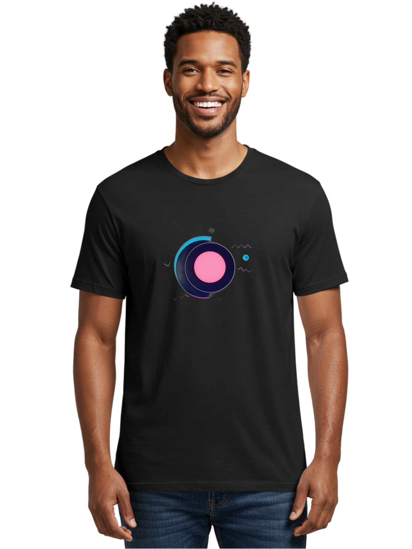 Pink-Circle Men'S Graphic Tee, 100% Cotton, Comfortable Casual Summer Wear, Machine Washable, Abstract Geometric Shapes, Layered Circle Design, Pink Center, Black And Blue Accents, Modern Art, Memphis Style, Minimalist Composition, Bab144 28