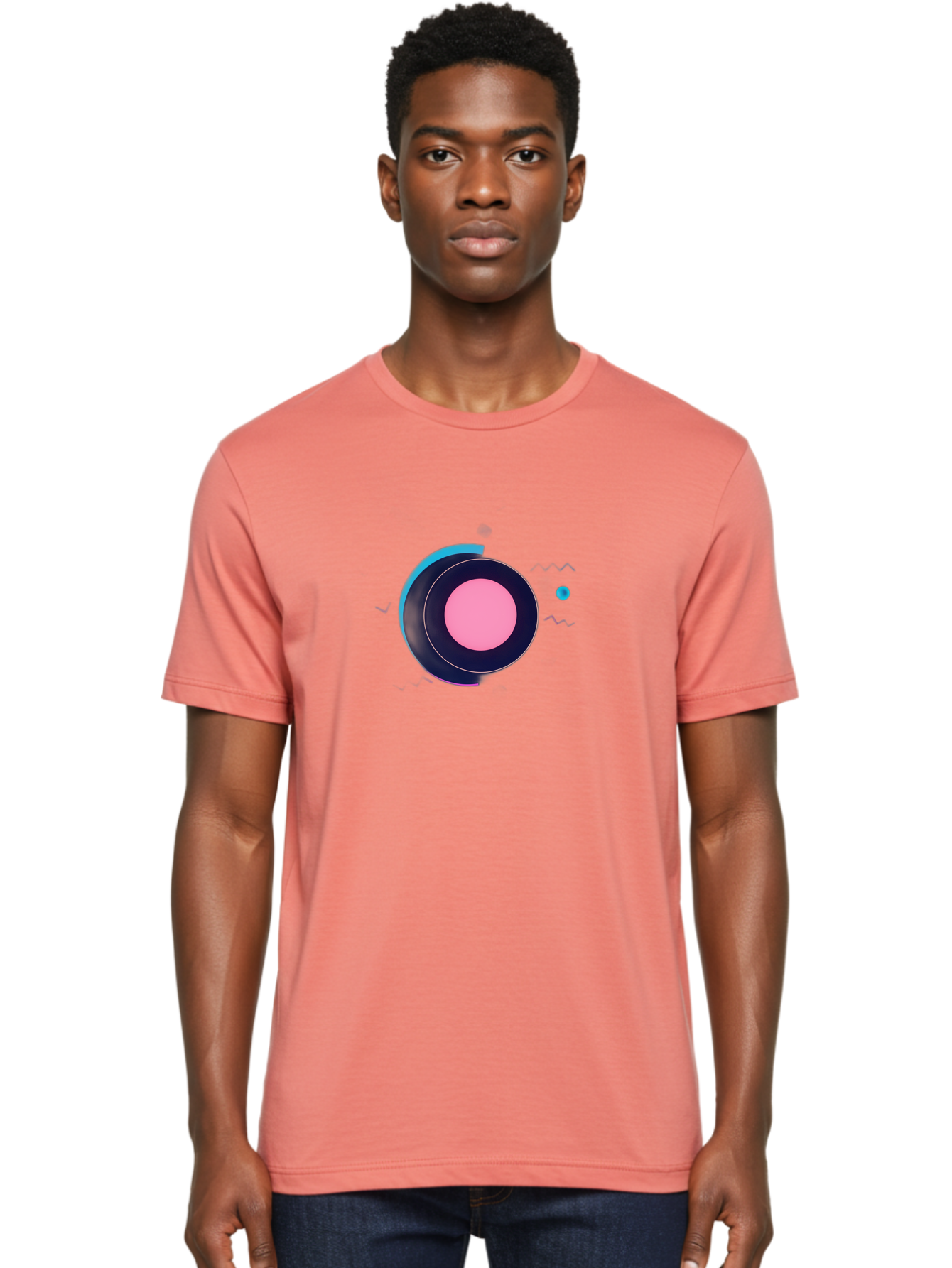 Pink-Circle Men'S Graphic Tee, 100% Cotton, Comfortable Casual Summer Wear, Machine Washable, Abstract Geometric Shapes, Layered Circle Design, Pink Center, Black And Blue Accents, Modern Art, Memphis Style, Minimalist Composition, Bab144