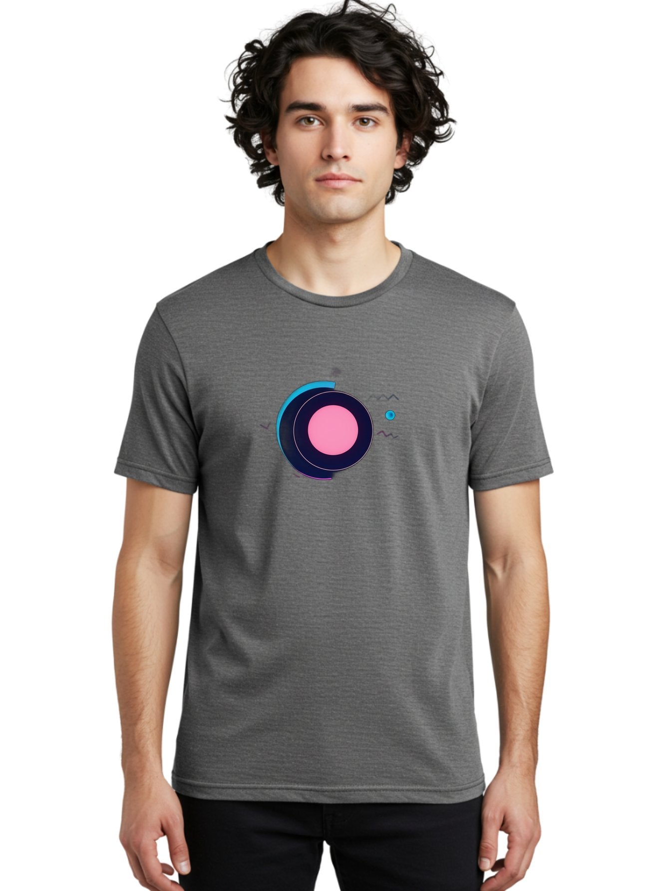 Pink-Circle Men'S Graphic Tee, 100% Cotton, Comfortable Casual Summer Wear, Machine Washable, Abstract Geometric Shapes, Layered Circle Design, Pink Center, Black And Blue Accents, Modern Art, Memphis Style, Minimalist Composition, Bab144 27