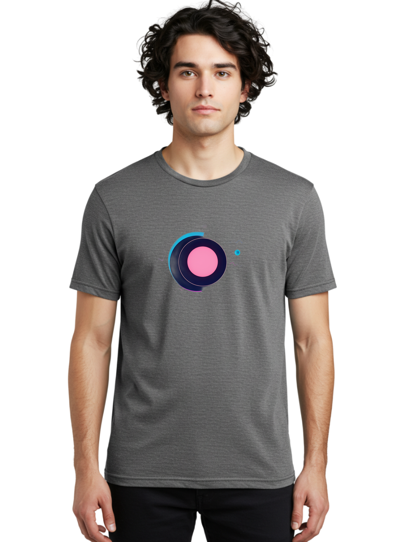 Pink-Circle Men'S Graphic Tee, 100% Cotton, Comfortable Casual Summer Wear, Machine Washable, Abstract Geometric Shapes, Layered Circle Design, Pink Center, Black And Blue Accents, Modern Art, Memphis Style, Minimalist Composition, Bab144 12