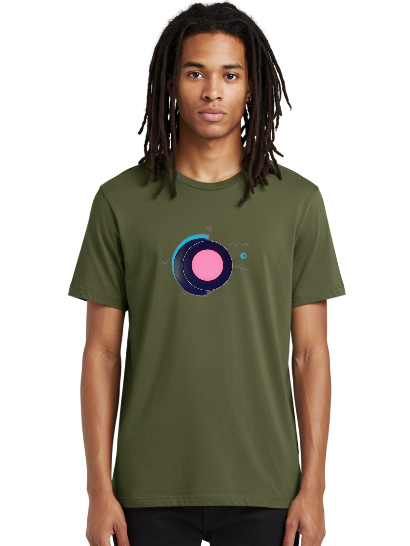 Pink-Circle Men'S Graphic Tee, 100% Cotton, Comfortable Casual Summer Wear, Machine Washable, Abstract Geometric Shapes, Layered Circle Design, Pink Center, Black And Blue Accents, Modern Art, Memphis Style, Minimalist Composition, Bab144 18