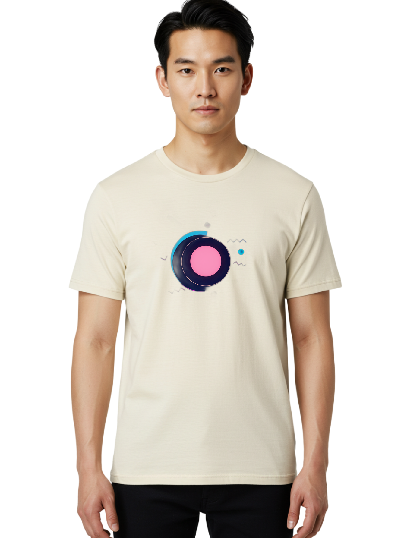 Pink-Circle Men'S Graphic Tee, 100% Cotton, Comfortable Casual Summer Wear, Machine Washable, Abstract Geometric Shapes, Layered Circle Design, Pink Center, Black And Blue Accents, Modern Art, Memphis Style, Minimalist Composition, Bab144 6