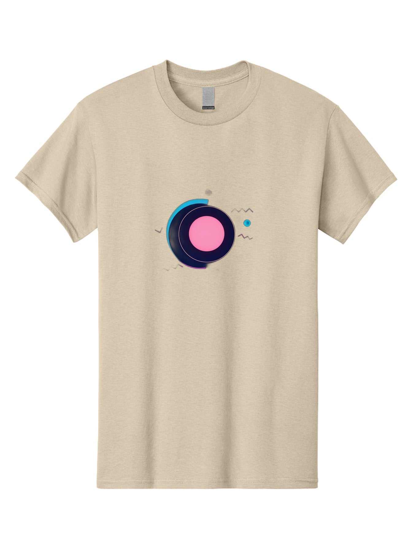 Pink-Circle Men'S Graphic Tee, 100% Cotton, Comfortable Casual Summer Wear, Machine Washable, Abstract Geometric Shapes, Layered Circle Design, Pink Center, Black And Blue Accents, Modern Art, Memphis Style, Minimalist Composition, Bab144