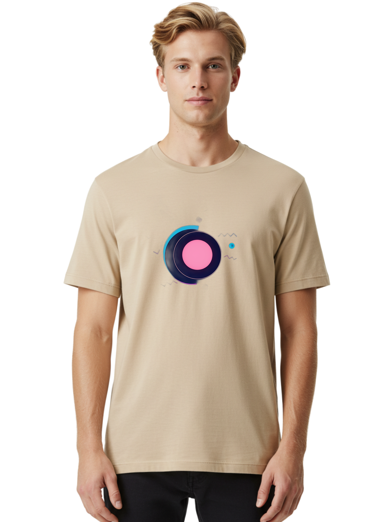 Pink-Circle Men'S Graphic Tee, 100% Cotton, Comfortable Casual Summer Wear, Machine Washable, Abstract Geometric Shapes, Layered Circle Design, Pink Center, Black And Blue Accents, Modern Art, Memphis Style, Minimalist Composition, Bab144 4