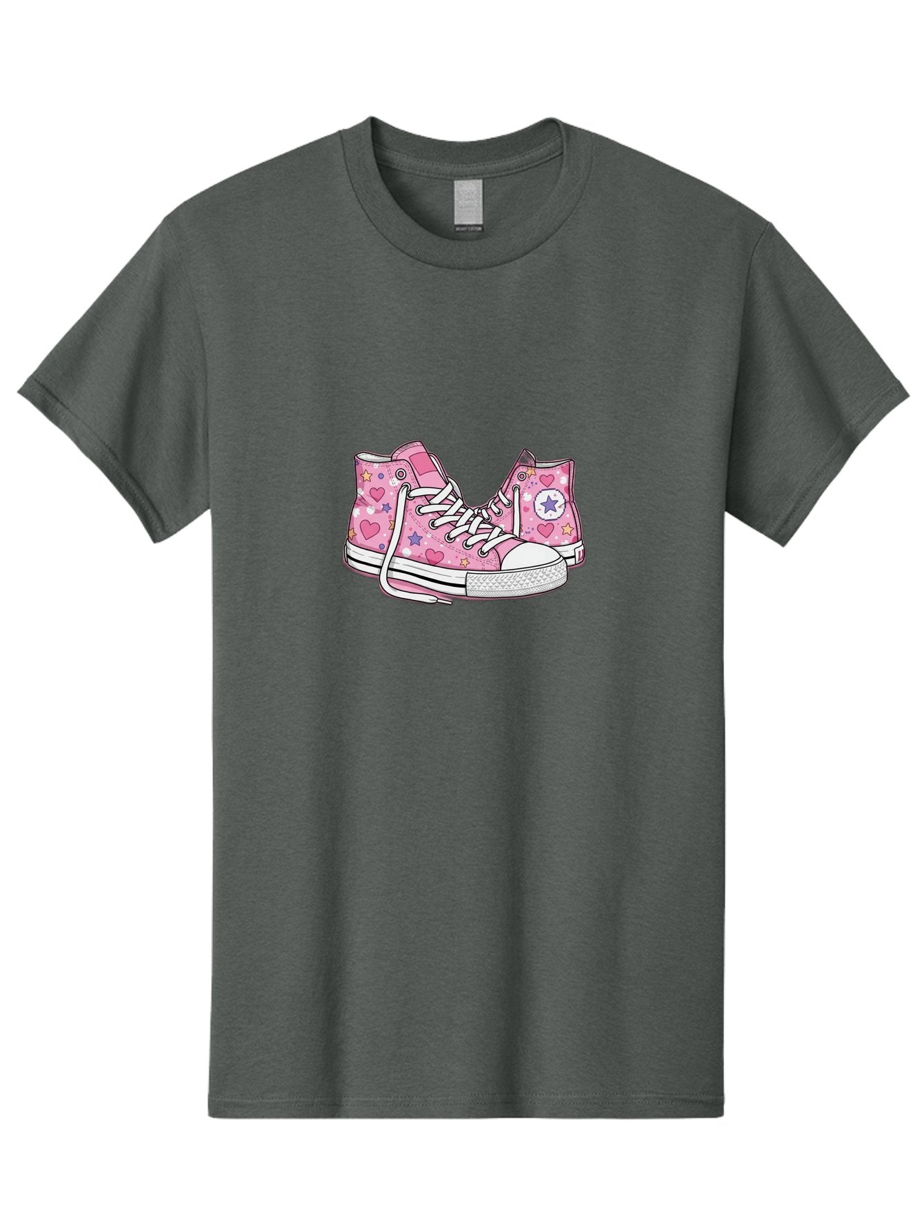 Pink-Converse Men'S Graphic Tee, 100% Cotton, Comfortable Casual Summer Wear, Machine Washable, Pink Converse Shoes, Hearts And Stars Pattern, Cartoon Sneakers, White Laces, Fashion Illustration, Custom Converse, Star Logo Bab146 4