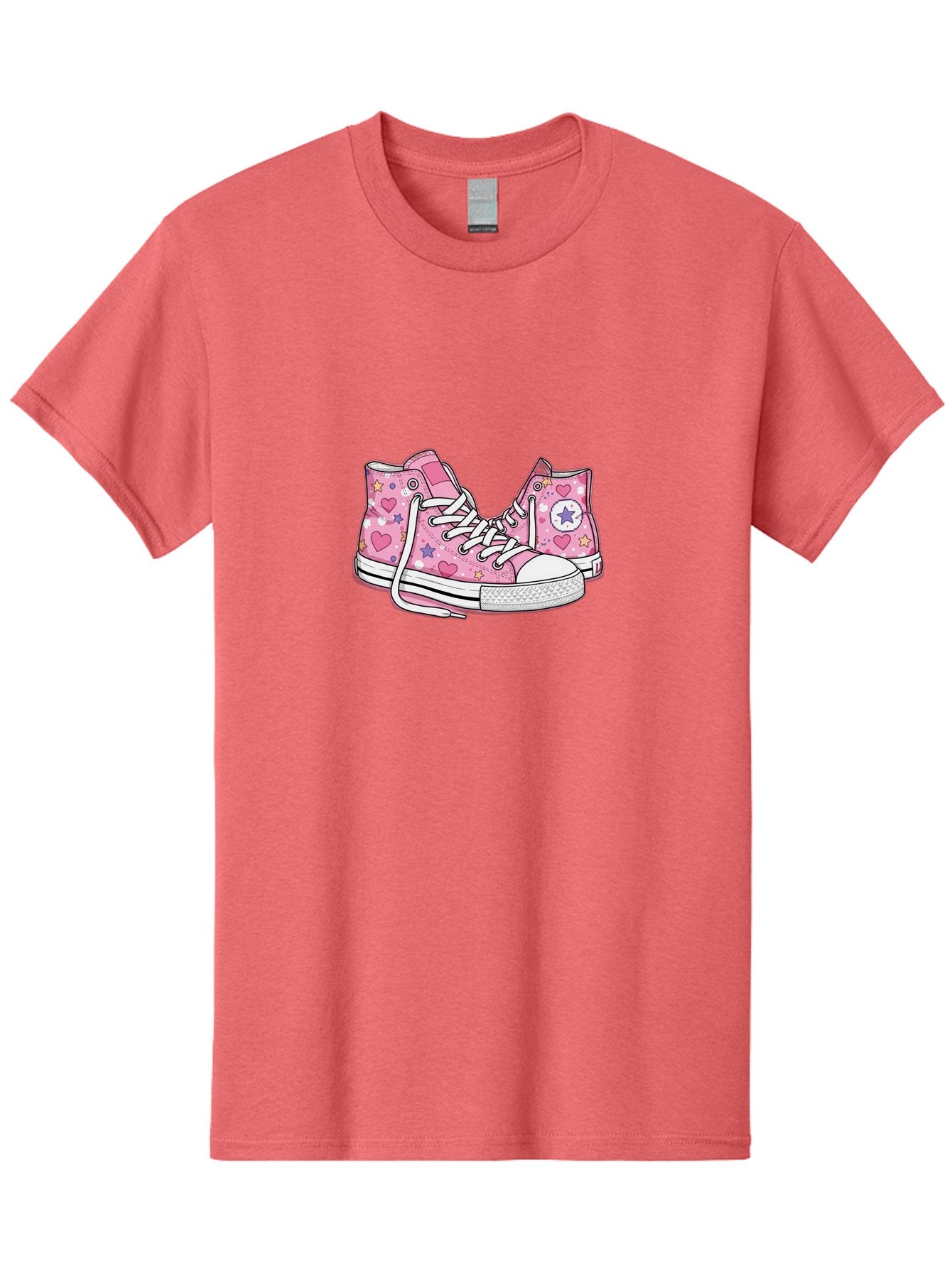 Pink-Converse Men'S Graphic Tee, 100% Cotton, Comfortable Casual Summer Wear, Machine Washable, Pink Converse Shoes, Hearts And Stars Pattern, Cartoon Sneakers, White Laces, Fashion Illustration, Custom Converse, Star Logo Bab146 5