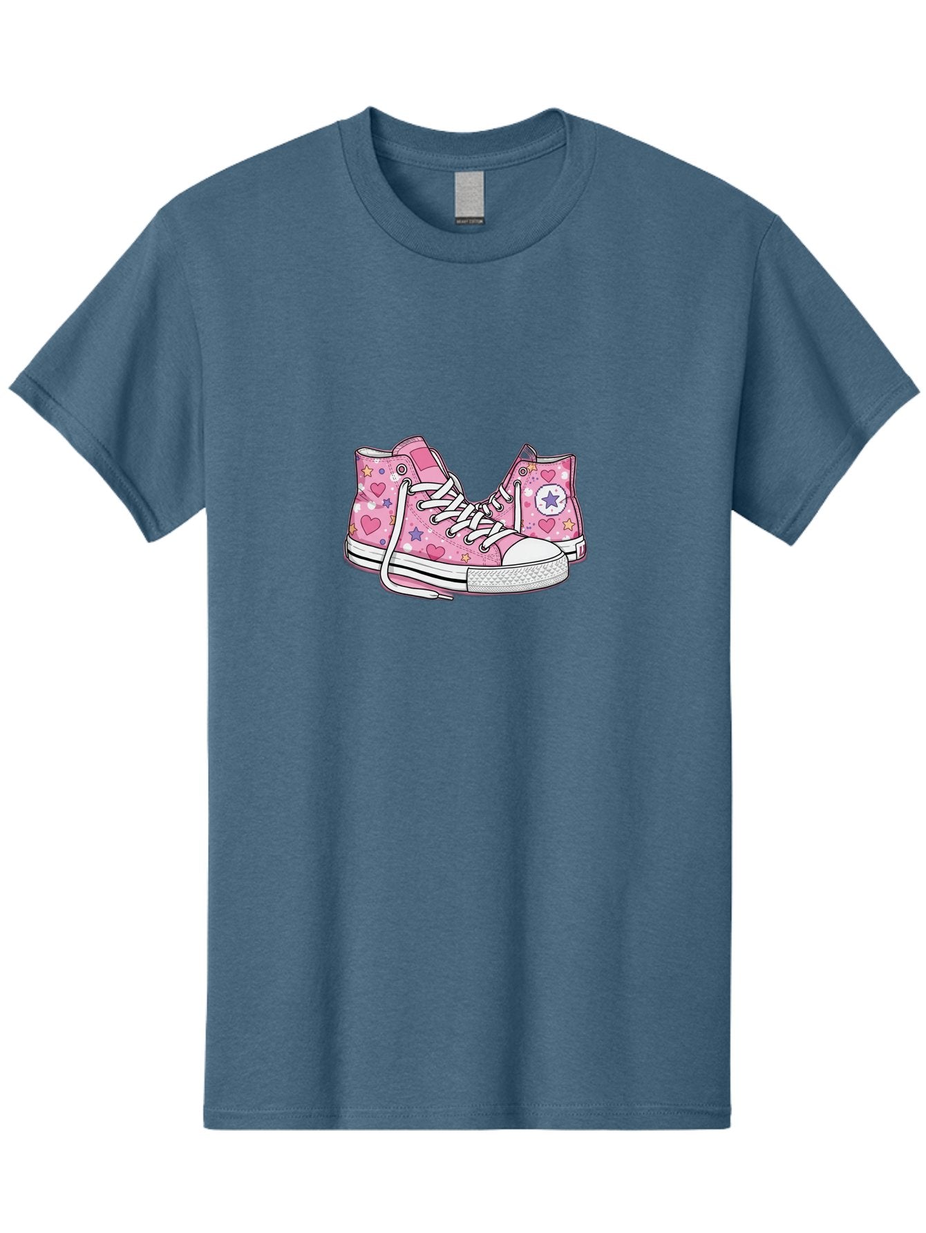 Pink-Converse Men'S Graphic Tee, 100% Cotton, Comfortable Casual Summer Wear, Machine Washable, Pink Converse Shoes, Hearts And Stars Pattern, Cartoon Sneakers, White Laces, Fashion Illustration, Custom Converse, Star Logo Bab146 3