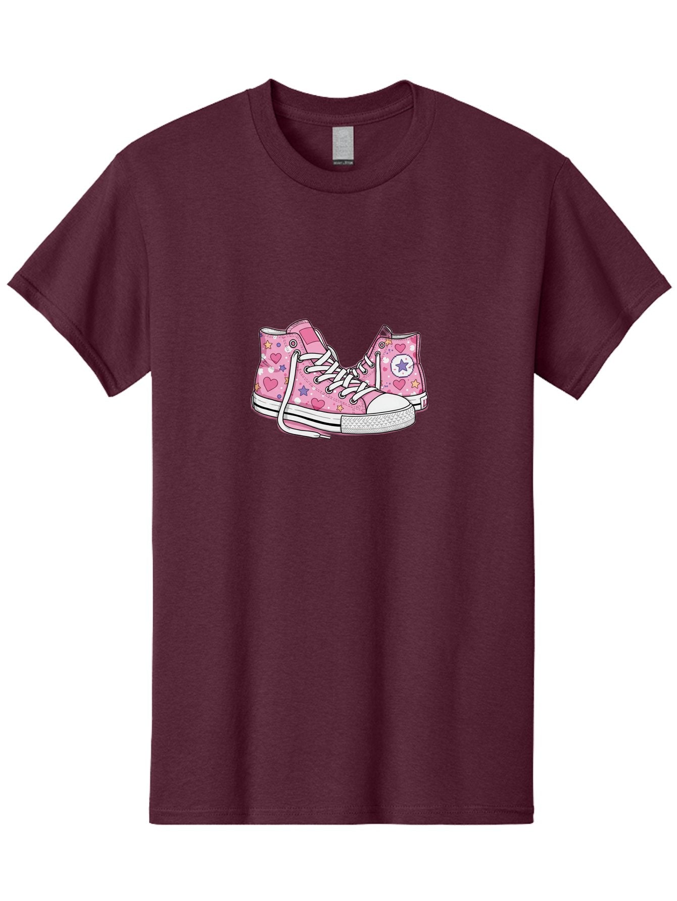 Pink-Converse Men'S Graphic Tee, 100% Cotton, Comfortable Casual Summer Wear, Machine Washable, Pink Converse Shoes, Hearts And Stars Pattern, Cartoon Sneakers, White Laces, Fashion Illustration, Custom Converse, Star Logo Bab146 7