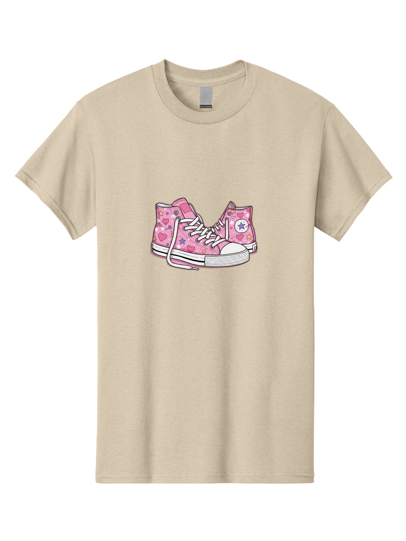 Pink-Converse Men'S Graphic Tee, 100% Cotton, Comfortable Casual Summer Wear, Machine Washable, Pink Converse Shoes, Hearts And Stars Pattern, Cartoon Sneakers, White Laces, Fashion Illustration, Custom Converse, Star Logo Bab146