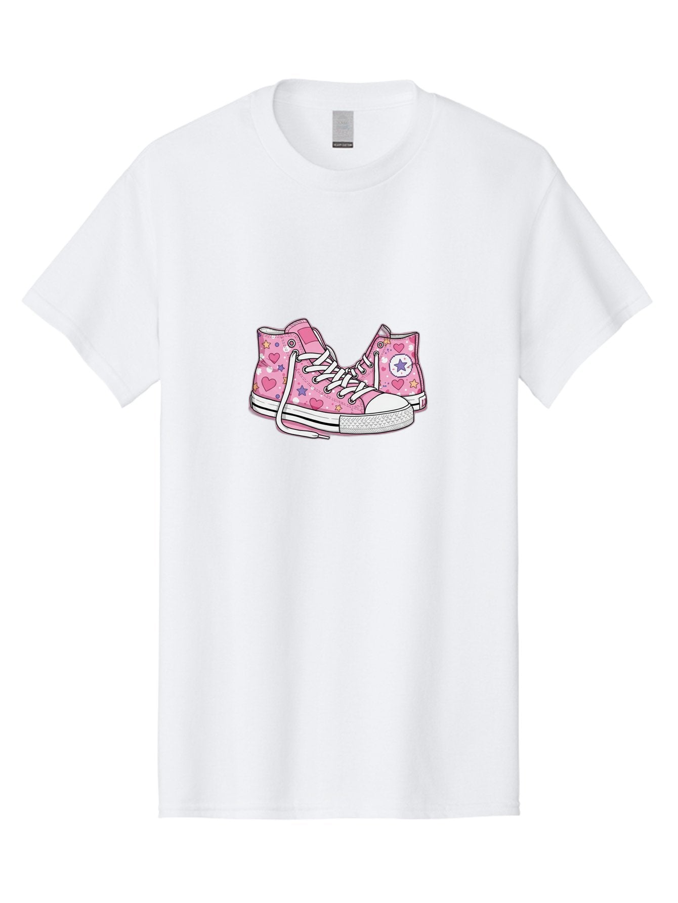 Pink-Converse Men'S Graphic Tee, 100% Cotton, Comfortable Casual Summer Wear, Machine Washable, Pink Converse Shoes, Hearts And Stars Pattern, Cartoon Sneakers, White Laces, Fashion Illustration, Custom Converse, Star Logo Bab146