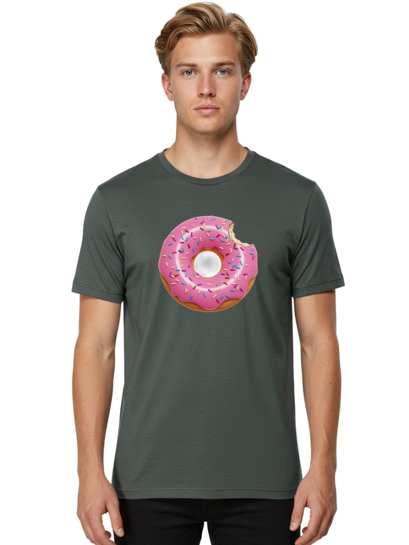 Pink-Donut-4 Men'S Graphic Tee, 100% Cotton, Comfortable Casual Summer Wear, Machine Washable, Pink Donut With Sprinkles, Bitten Donut, Sweet Treats, Colorful Dessert, Tasty Pastry, Glazed Donut, Sprinkles Galore, Donut Delight, Baked Goods Bab151 23