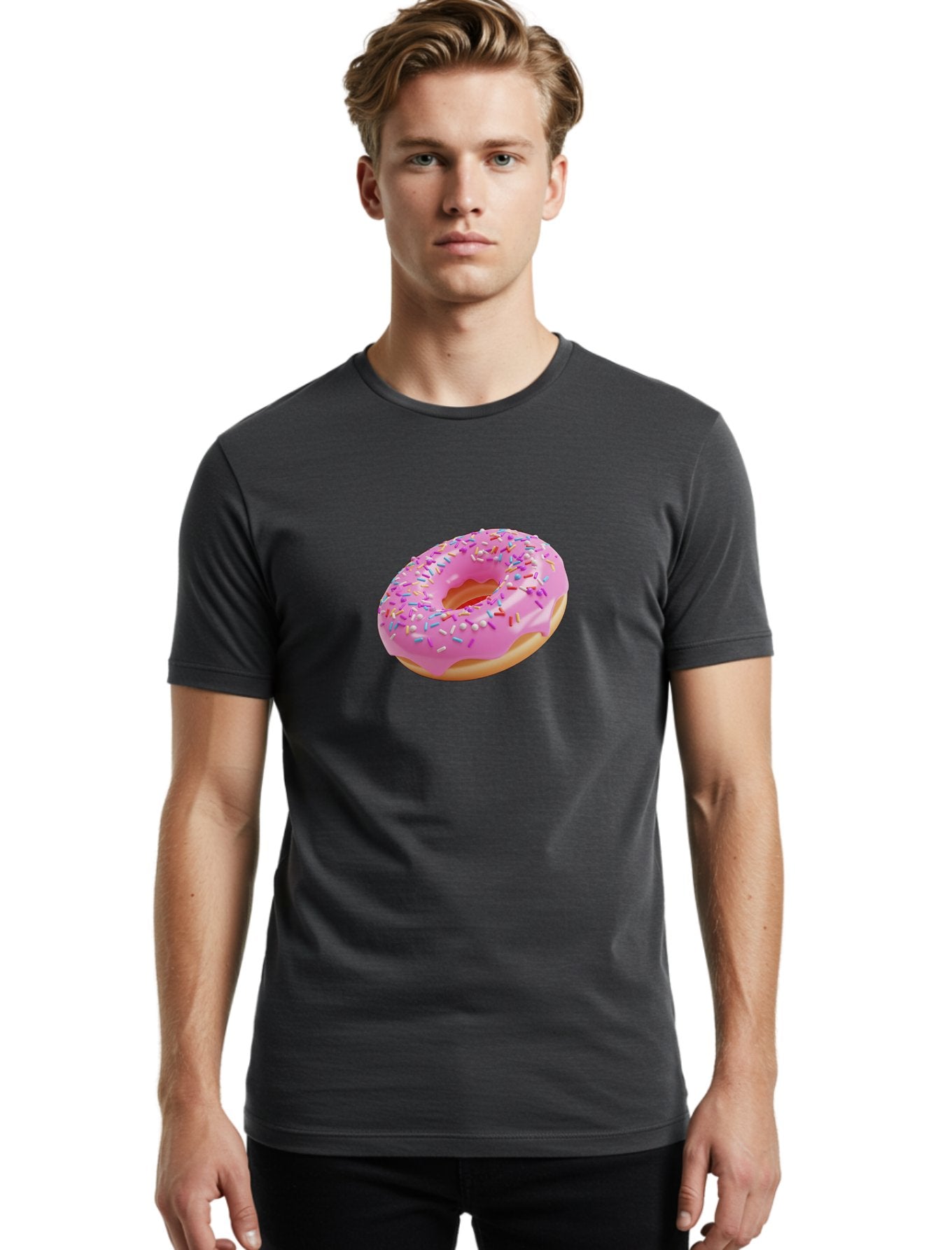 Pink-Donut-9 Men'S Graphic Tee, 100% Cotton, Comfortable Casual Summer Wear, Machine Washable, Pink Frosted Donut, Donut With Sprinkles, Sweet Treats, Colorful Dessert, Tasty Pastry, Baked Goods, Sugary Delight, Yummy Donut Bab156 24