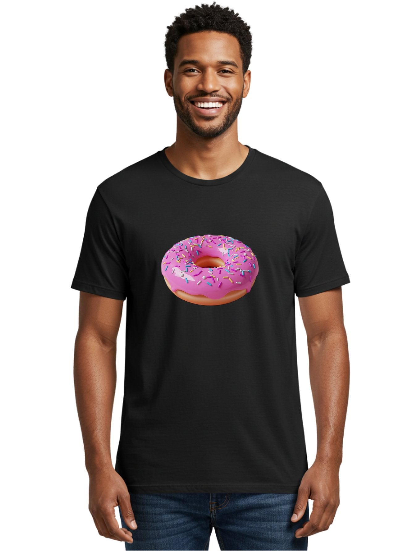 Pink-Donut-With-Sprinkles-2 Men'S Graphic Tee, 100% Cotton, Comfortable Casual Summer Wear, Machine Washable, Pink Frosted Donut, Donut With Sprinkles, Colorful Sprinkles, Sweet Treats, Baked Goods, Dessert, Tasty, 3D Rendering, Digital Art Bab159 24