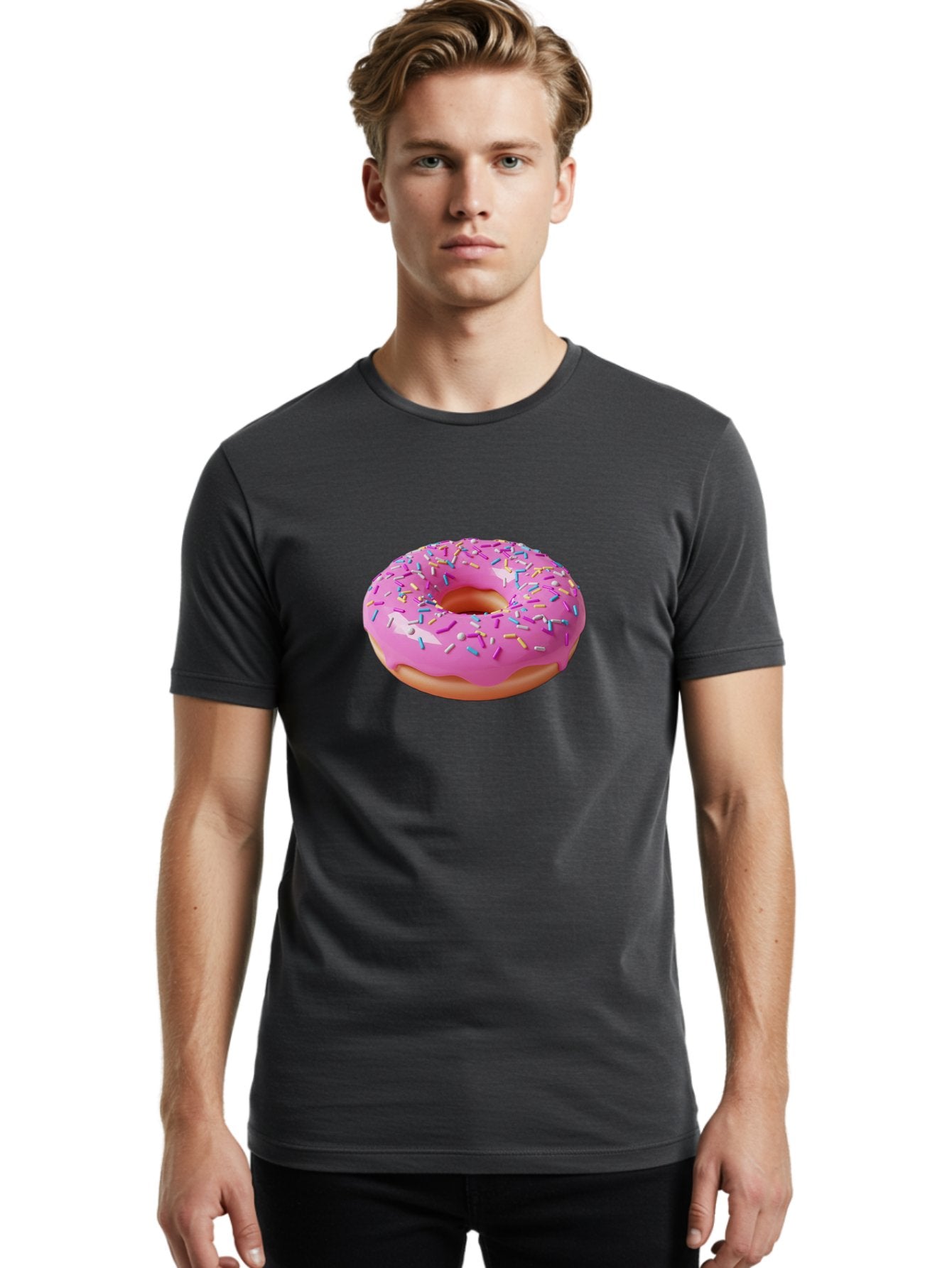 Pink-Donut-With-Sprinkles-2 Men'S Graphic Tee, 100% Cotton, Comfortable Casual Summer Wear, Machine Washable, Pink Frosted Donut, Donut With Sprinkles, Colorful Sprinkles, Sweet Treats, Baked Goods, Dessert, Tasty, 3D Rendering, Digital Art Bab159 22