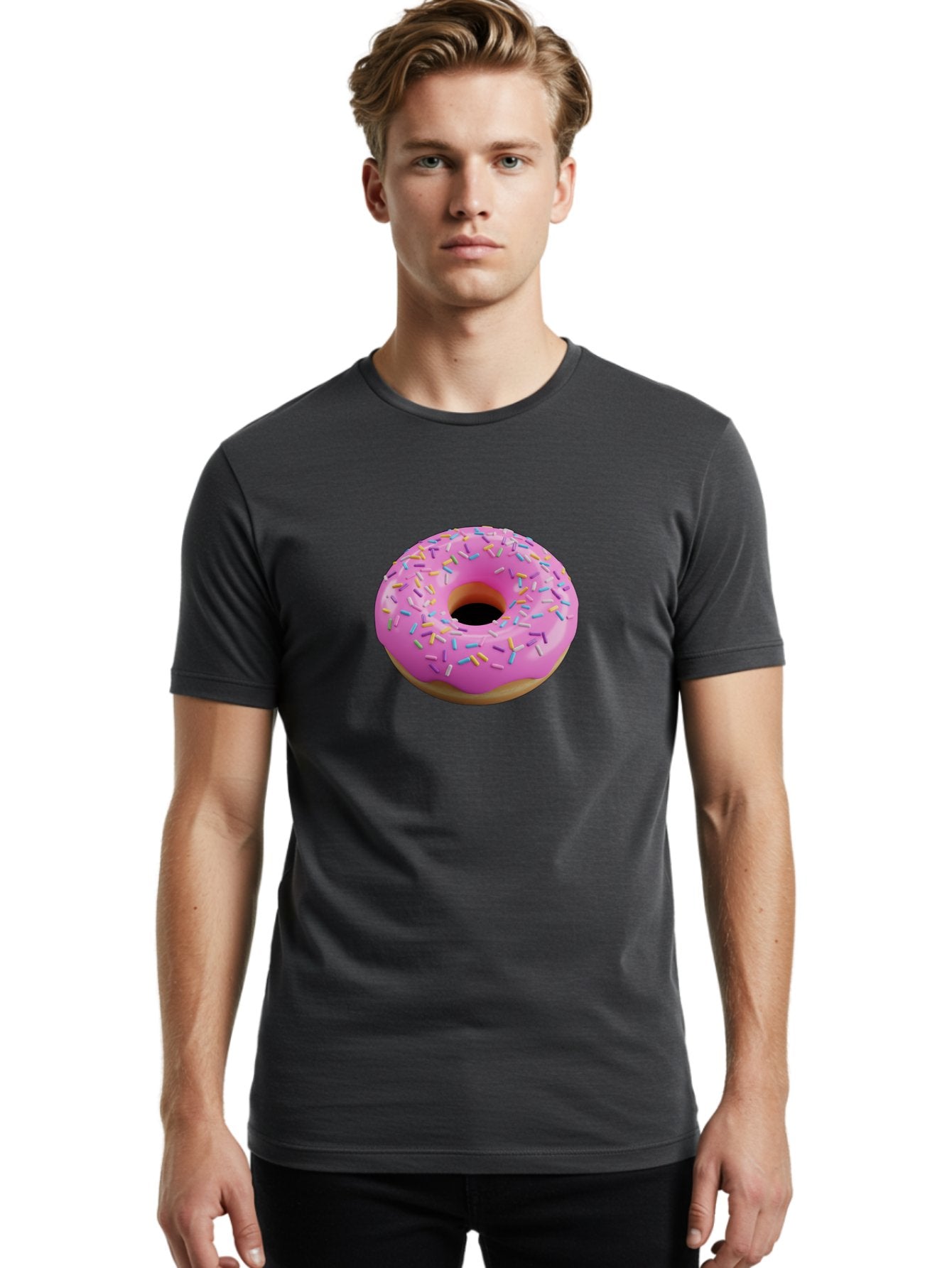 Pink-Donut-With-Sprinkles-3 Men'S Graphic Tee, 100% Cotton, Comfortable Casual Summer Wear, Machine Washable, Pink Donut With Sprinkles, Sweet Treats, Colorful Dessert, Donut With Frosting, Sprinkles On Donut, Dessert Graphics, 3D Donut Image, Bab160 26