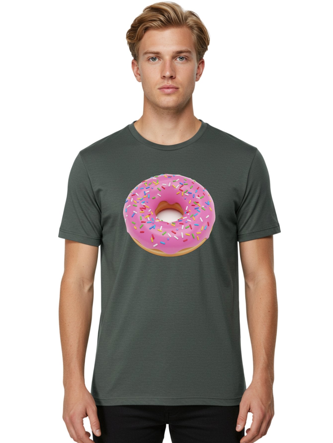 Pink-Donut-With-Sprinkles Men'S Graphic Tee, 100% Cotton, Comfortable Casual Summer Wear, Machine Washable, Pink Frosted Donut, Colorful Sprinkles, Sweet Treats, Baked Goods, Dessert, Tasty, Doughnut, Sprinkles, Sweet Tooth, Colorful Dessert Bab161 26
