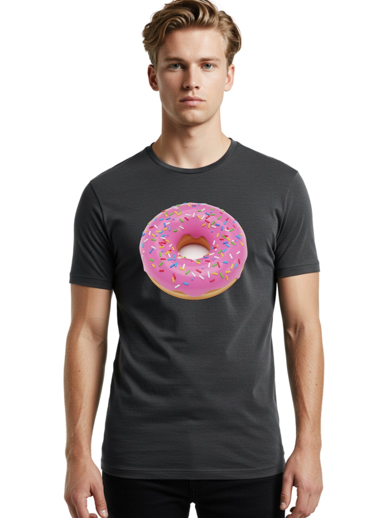 Pink-Donut-With-Sprinkles Men'S Graphic Tee, 100% Cotton, Comfortable Casual Summer Wear, Machine Washable, Pink Frosted Donut, Colorful Sprinkles, Sweet Treats, Baked Goods, Dessert, Tasty, Doughnut, Sprinkles, Sweet Tooth, Colorful Dessert Bab161 21