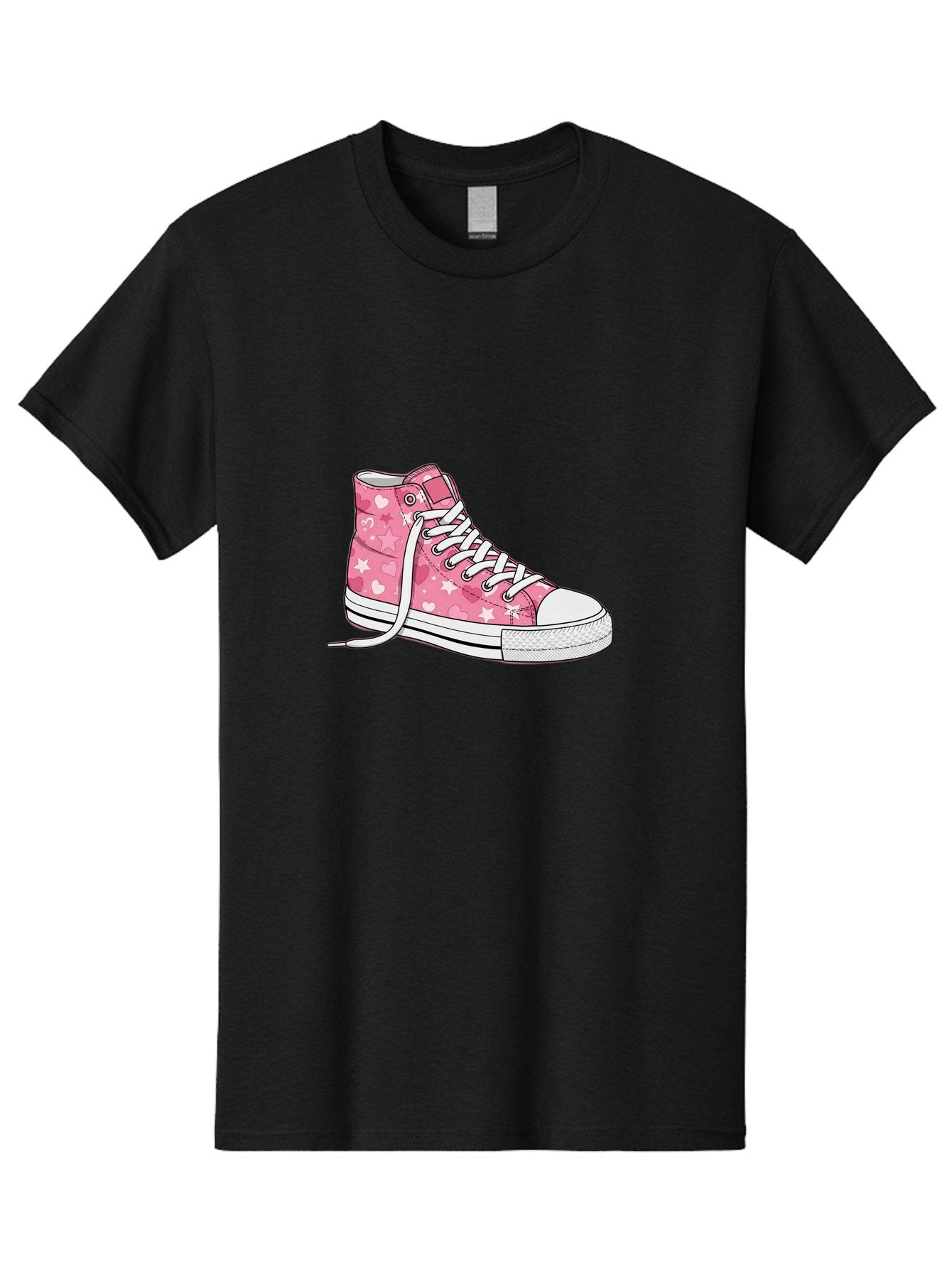 Pink-Heart-Star-Sneaker Men'S Graphic Tee, 100% Cotton, Comfortable Casual Summer Wear, Machine Washable, Pink High-Top Sneaker, White Stars, White Hearts, White Laces, Casual Footwear, Fashion Sneakers, Youth Culture, Cartoon Style, Bab166 6