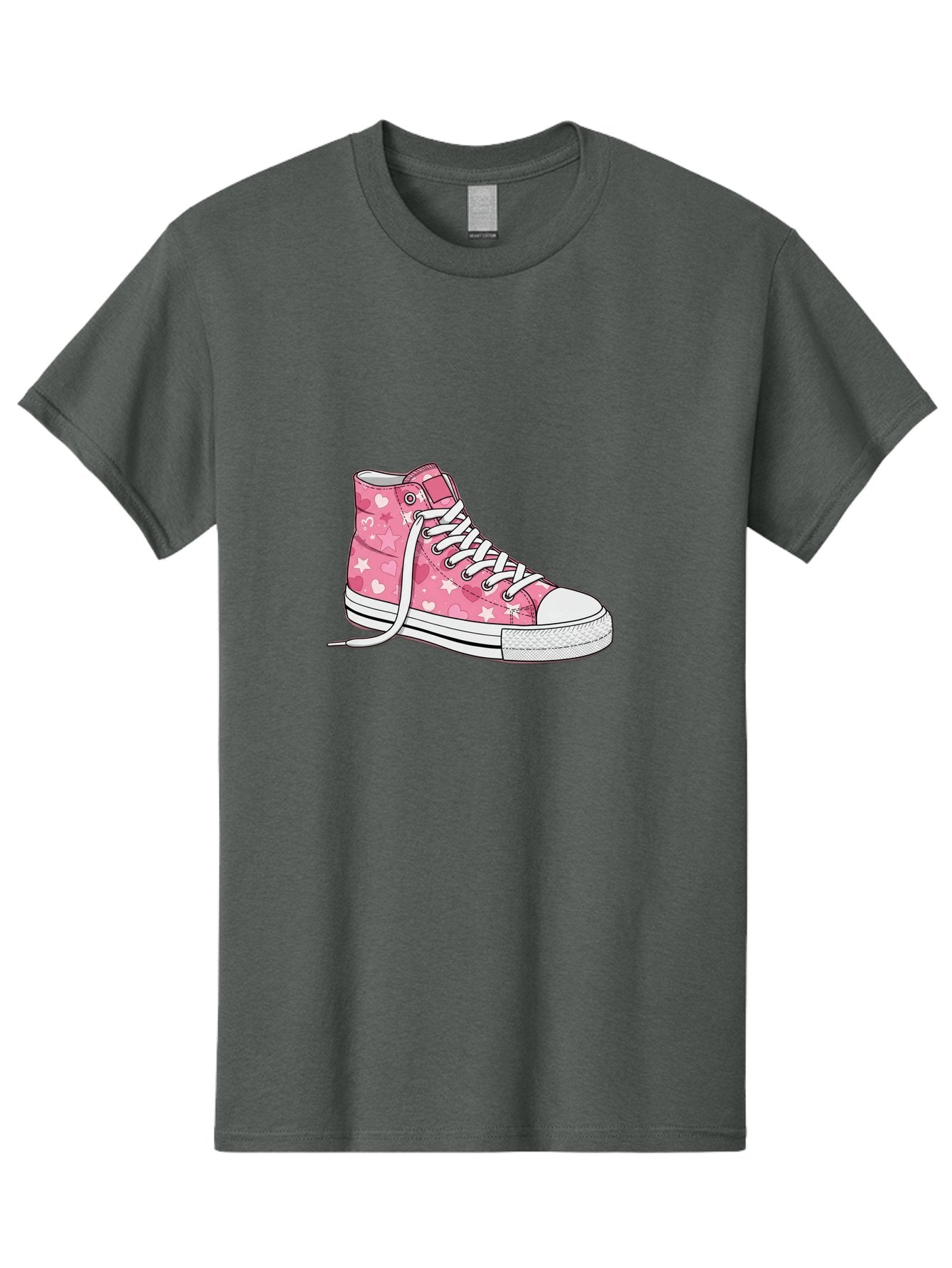 Pink-Heart-Star-Sneaker Men'S Graphic Tee, 100% Cotton, Comfortable Casual Summer Wear, Machine Washable, Pink High-Top Sneaker, White Stars, White Hearts, White Laces, Casual Footwear, Fashion Sneakers, Youth Culture, Cartoon Style, Bab166 12